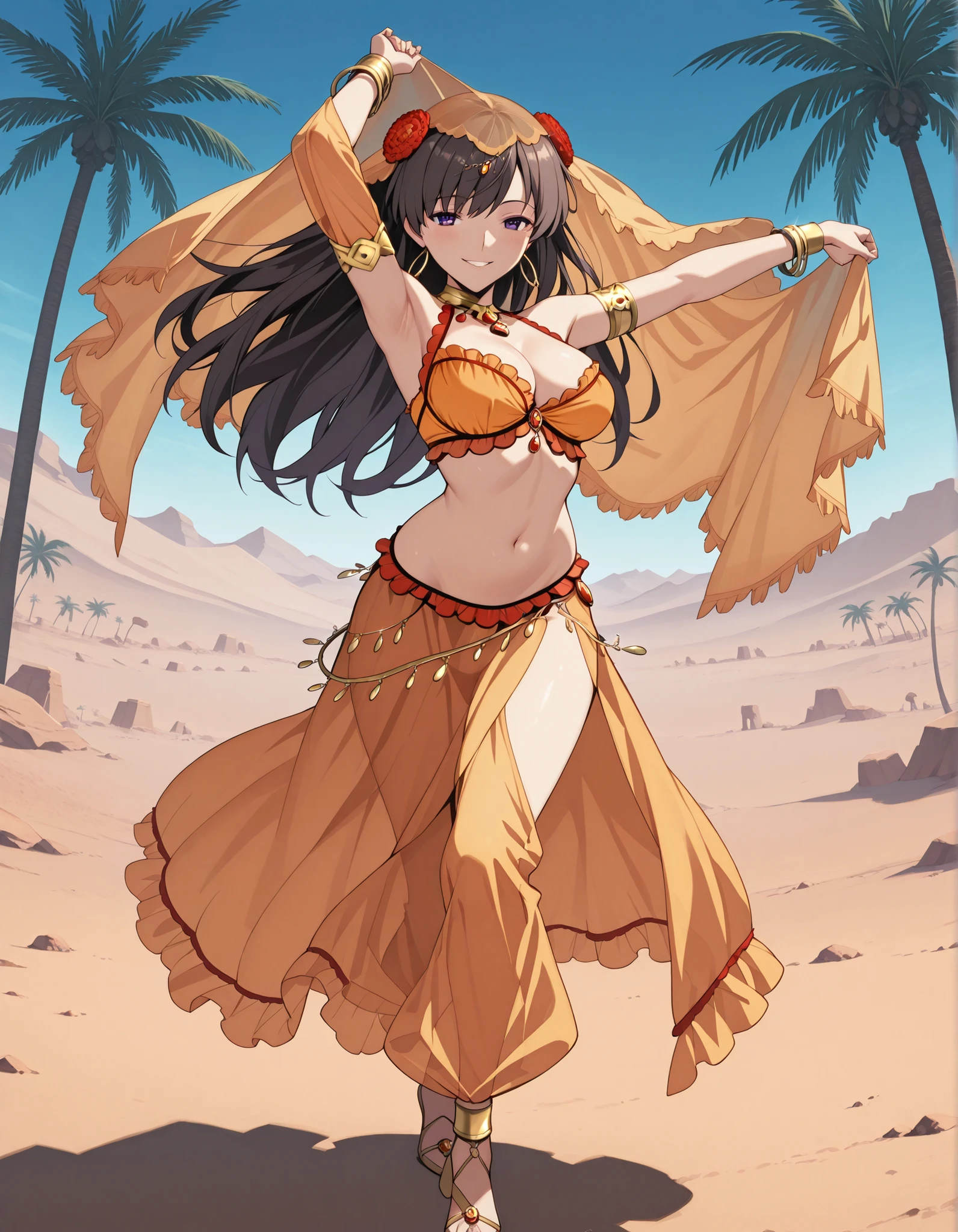 (1girl:1 . 5) , (Seul:1 . 5) , score_9 , score_8_haut , score_7_haut , source_anime , Official work , ultra-detailed , masterpiece , best quality selfie snapshot , high resolution , beaux yeux , detailed eyes , detailed face , beautiful detailed eyes ,Fate,Mata Hari,Arabian Clothes , Arabian Dancer ,belly dancer costume ,full body,golden jewelery,armlet, belly dancing,desert lands,palm tree,seductive smile, dancing with veil, dynamic movement,dance posture, pose