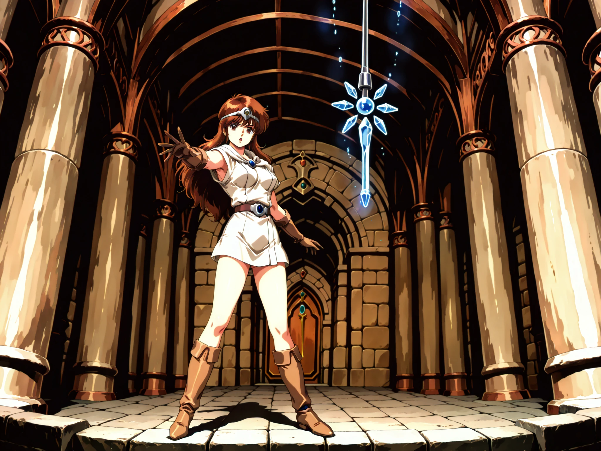 1girl, Ki fron Tower of Druaga, with brown hair and fair skin, slender, wearing a white tunic, circlet, long brown gloves and tall brown hide boots, reaching out to touch a floating rod with a blue crystal tip, inside a Babylonian temple. in full view in a highly detailed 1980s retro anime style