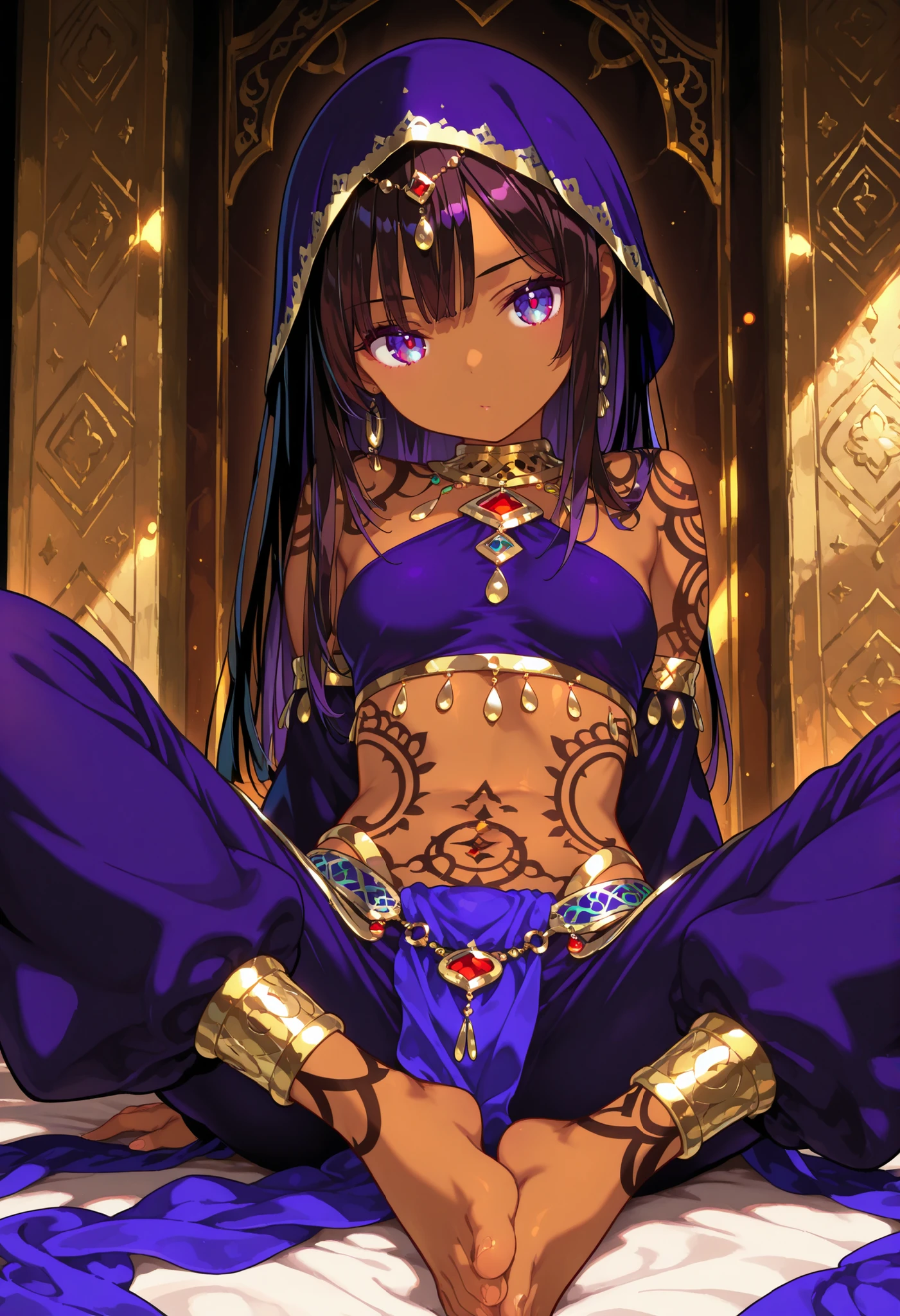 1 female, youth, arabian, dark brown skin female, dark  black color hair, long hair, dark purple color eyes, temptation , provocative , ethnic patterns tattoo,full-body tattoo, dancer, sitting,bare feet,looking at viewer, saloon