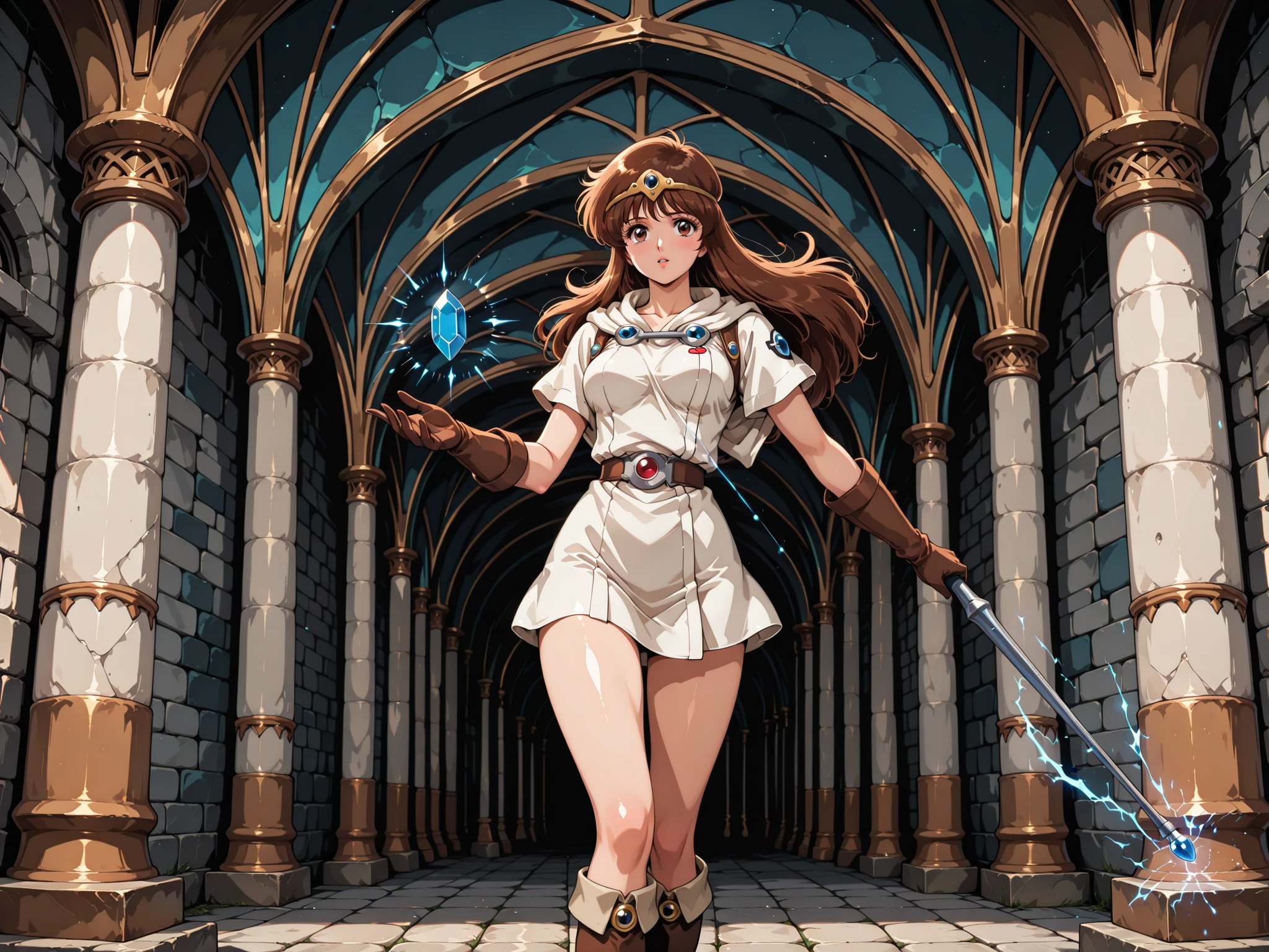 1girl, Ki fron Tower of Druaga, with brown hair and fair skin, slender, wearing a white tunic, circlet, long brown gloves and tall thigh-high brown hide boots, reaching out to touch a single floating rod with a blue crystal tip, inside a Babylonian temple. in full view in a highly detailed 1980s retro anime style