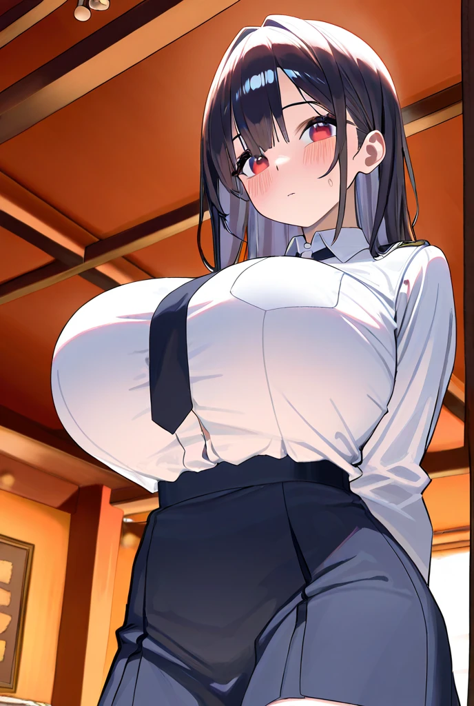 ((Tabletop, Highest quality, High resolution, Pixel Perfect,  4K, Browsing Caution)))、1 Girl, Beautiful woman、((Short Hair、Forehead、Split bangs、Brown Hair)), ((Brown eyes、Beautiful eyelashes, Realistic eyes)), ((Detailed face, blush:1.2)), ((Smooth texture:0.75, Realistic texture:0.65, Realistic:1.1, Anime CG Style))、((Huge breasts、Thick thighs)), Perfect body、Office room at night、Lying on the floor、((((:or、blush))))、((Sweat、Steam from armpits))、(Place your hands behind your head、Underarm)、((White Sleeveless Dress Shirt、Black Pencil Skirt))