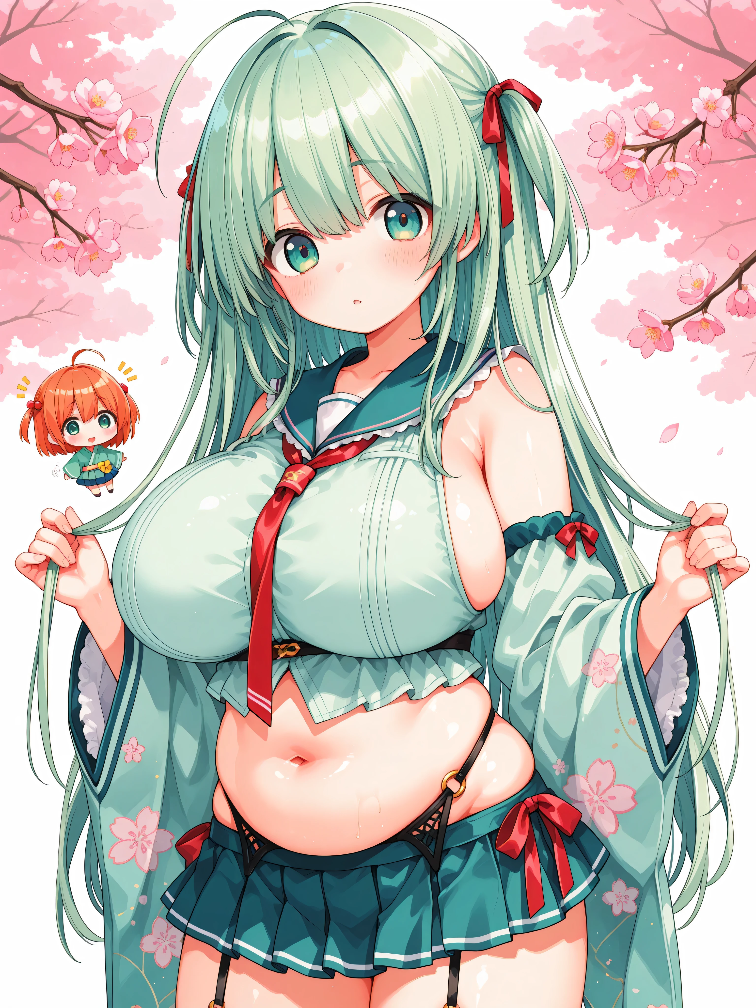 Highest Quality、masterpiece、shiny、Vivid、vivid、1 little girl、Little girl、Toddler、 lori、 loribig boobs、fair skin、light green retro modern kimono、 Cherry blossom fluttering decoration applied to a light green kimono、red lining for a light green kimono、Water dried from a light green kimono、deep green miniskirt 、dark green garter belt、long, straight light green hair、lower your hair、Tie a ribbon with a red string to secure your hair、loose、kind、cute、big boobs、throw out your shoulders、tight waist、thin waist、Cherry blossoms fluttering in the background、Japanese Background、loose、kind、cute、small body、メスガキthrow out your shoulders、tight waist、thin waist、(small body:0.6)、(short stature:0.6)、(thin waist:0.6)、(thin thighs:0.6)、 exposes shoulders、(Minimal Body:0.6) 、(minimum waist:0.6)、(SHORT LEGS:0.9)、(Short thighs:0.9)child body、Kid's Body、Little kid girl、Chibi mezugi、A girl who is a kindergarten kid、Long back hair、long straight hair、Horizontal milk、long two side up, 、(((plump, wide hip, , Shemale:1.6)))、