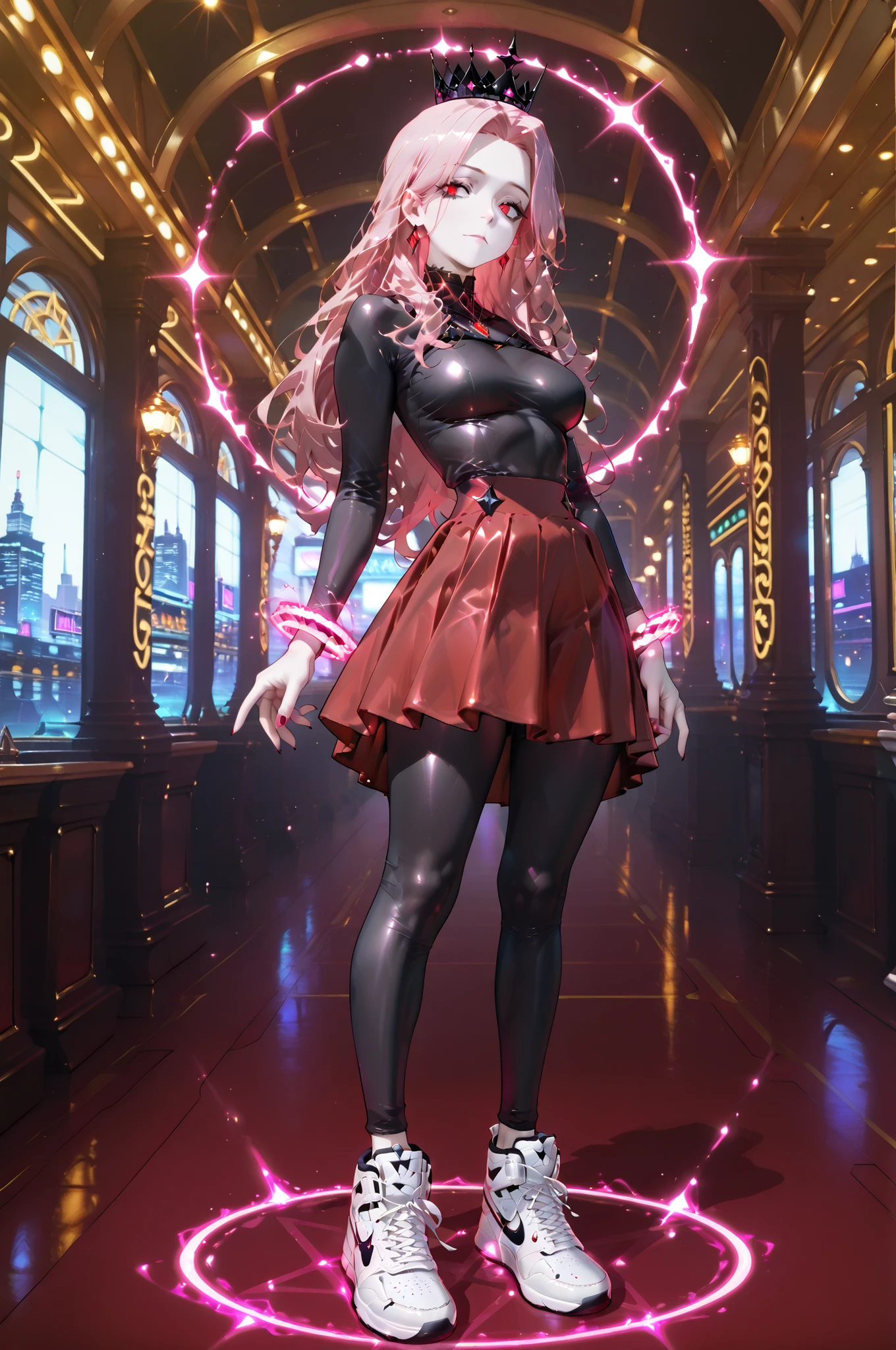 masterpiece, best quality, amazing quality, very aesthetic, high resolution, newest, hyper-detailed, solo, female character, mature woman, pale skin, long hair, pink hair, leggings bodysuit, red skirt, nike shoes, black crown on his Head, jewelry, standing on a magic energy spheres around her , full body, fan art, Casino background