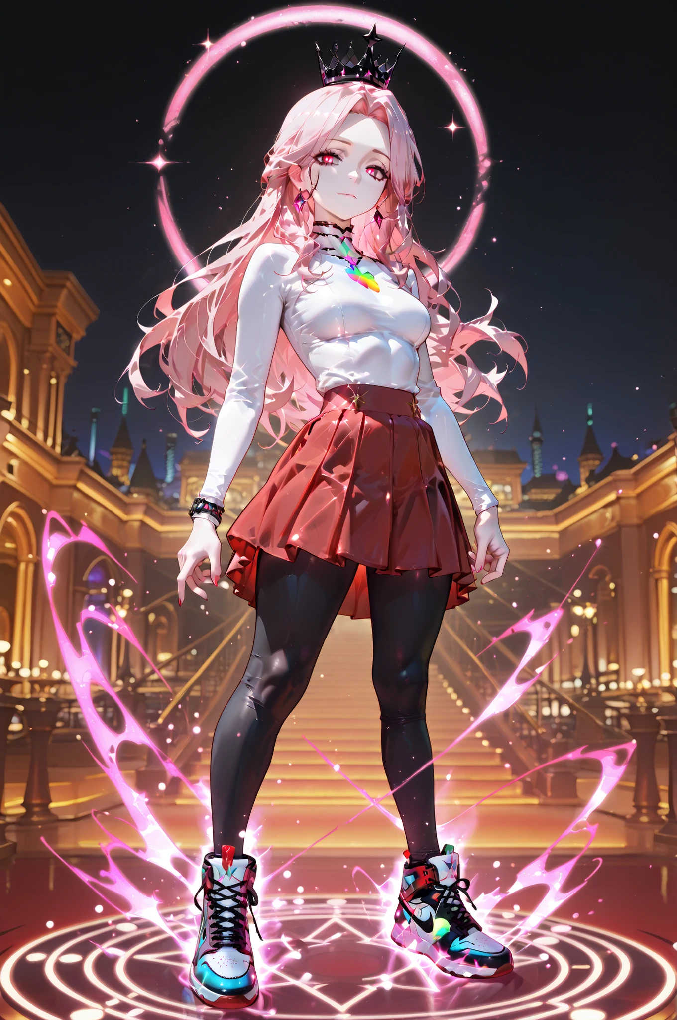 masterpiece, best quality, amazing quality, very aesthetic, high resolution, newest, hyper-detailed, solo, female character, mature woman, pale skin, long hair, pink hair, leggings bodysuit, red skirt, nike shoes, black crown on his Head, jewelry, standing on a magic energy spheres around her , full body, fan art, Casino background