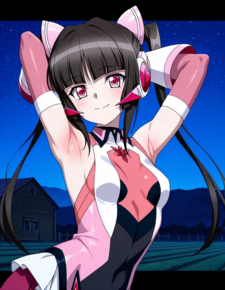 tsukuyomi shirabe, younger, sidelocks, pink eyes, black hair, blunt bangs, twintails, hair ribbon,headgear, hair ornament, symphogear pendant, elbow gloves, pink bodysuit, black bodysuit, two-tone bodysuit, two-tone gloves, detached sleeves, black choker, white detached collar,  small breast, anime screencap, high quality, solo, farm, night sky, <lora:spread-armpit-illustriousxl-lora-nochekaiser:1>, spread armpit, armpits, armpit focus, v, ((contrapposto)), closed mouth, upper body, looking at viewer, smile, best quality