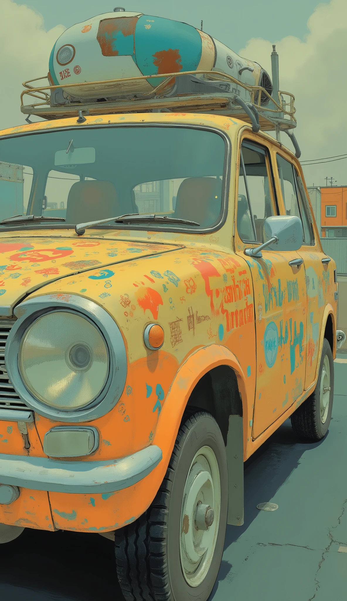 Close up of a car with a colorful design on the hood, happy!!!, shusei nagaoka, c 4 d ”, naoki ikushima, Akihiko Yoshida」, a wonderful!, 2014, 2 0 1 4, 2013, Kishimoto Masashi, pixiv contest winners, nico tanigawa, :3