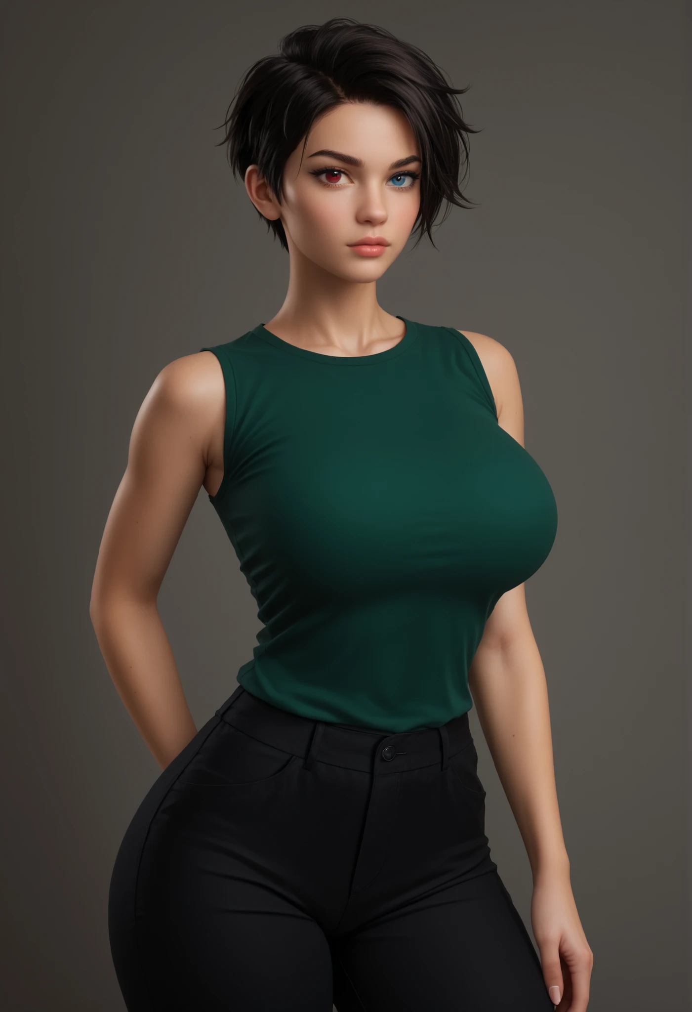 BREAK PonyXLV6_Scores,{{masterpiece, ultra-high quality, professionally detailed, professionally shaded}},N0R3AL_PDXL, PonyXLV6_Scores, realistic, single person, 1girl,short hair, black hair, huge breasts, thick thighs, wide hips, slim waist, tomboy, heterochromia, blue eye, red eye,adult woman, 25-year-old woman, huge breasts, Pixie cut, t-shirt, sleeveless t-shirt, green shirt, baggy pants, black baggy trousers, black baggy pants, perfecteyes, ((sleeveless)1:1), ((heterochromia)1:1)