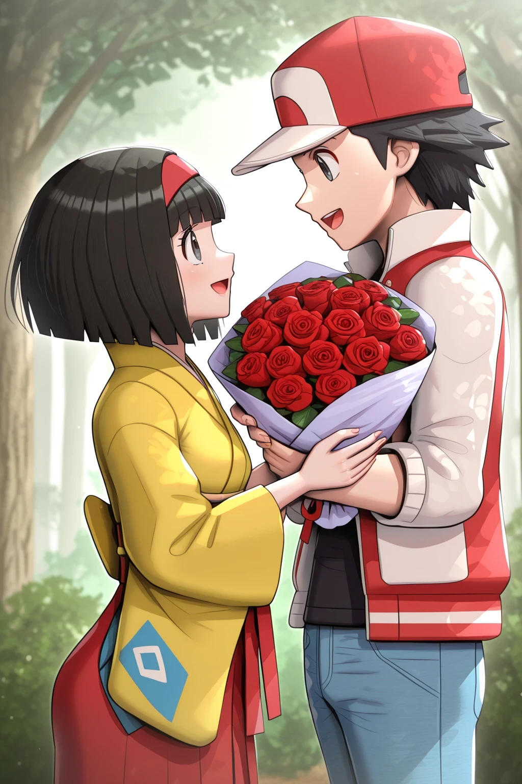 Erika_(Pokemon), 1girl, Bob_cut, medium_hair, grey_eyes, black_hair, blunt_bangs, blunt_ends, hairband, red_ hairband, eyelashes, Japanese_clothes, kimono, yellow_kimono, Hakama, red_Hakama, red_(Pokemon), 1boy, red_eyes, baseball_cap, brown_hair, red_hat, t-shirt, shirt, black_shirt, Letterman_jacket, red_jacket, white_jacket, pants, blue_pants, denim, jeans, profile, facing _another , fate-to-face, holding_bouquet, rose, red_rose, bouquet, happy, couple, heterosexual, beautiful_detailed_eyes, portrait, Masterpiece, best_quality, intricate_details, smile, happy, open_mouth, excited, Looking_at_another , absurdres, Artist_gonzarez