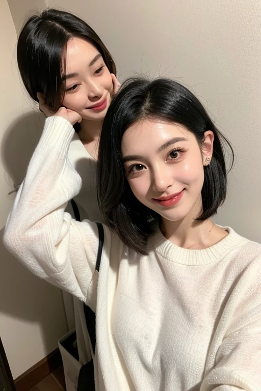 (masterpiece:1.3), (8k, Photoreal, Raw photo, best image quality: 1.4), Japanese high school girl、(random hairstyle:1.2)、:1.5、super detail face、eye for details、double eyelid、 to 、sharp focus:1.2、Beautiful woman:1.4、light brown hair、highest quality、masterpiece、超A high resolution、(Photoreal:1.4)、Highly detailed and professionally lit smiles、loose and light knitwear、shoulder out、thin、serious expression、short haired、deadly position
similar identical twins
All the girls have the exact same face, The two have the same face and figure, as if they were mirror images.