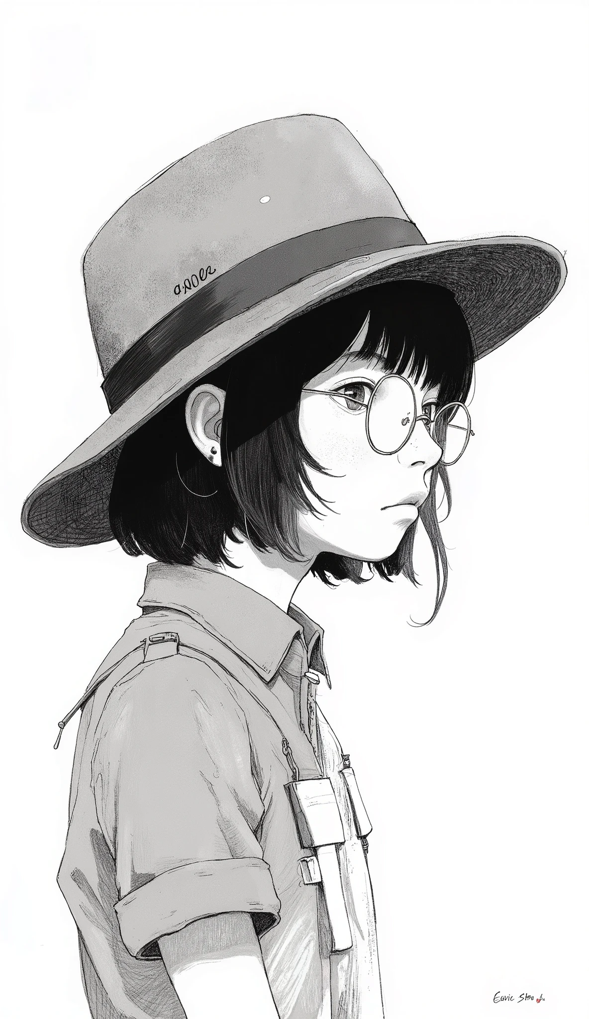 rough drawing of a person wearing a hat and glasses, Miura Kentaro style manga style, youth cartoon portrait, anime girl anime style 4k, Miura Kentaro manga style , Miura Kentaro manga style , Black and white cartoon-style , in , anime girl portrait profile , Manga Characters, Line drawing portrait, クリーンin詳細なアニメスタイル