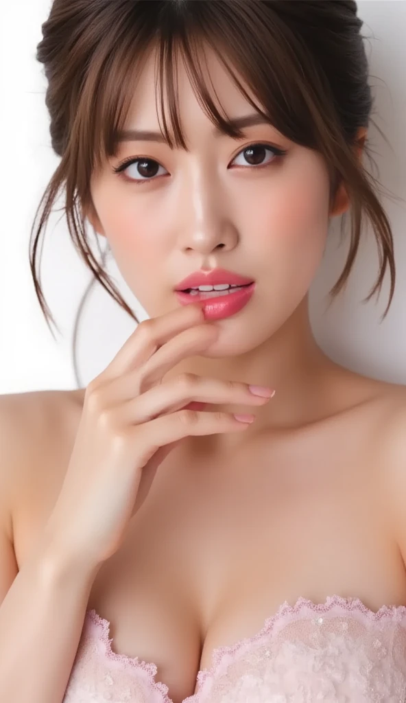 Random posture, Mix 4, (8k, RAW Photos, highest quality, masterpiece: 1.2), (Realistic, Realistic: 1.37), One girl, beautiful, beauty, Cityscape, Daytime, Professional Lighting, Photon Mapping, Radio City, Physically Based Rendering, Black Hair, Slope, Short Curly, good looking, girl, highest quality images, High resolution, 1080p, (clear face), (Detailed facial depiction), (Detailed hand description), (masterpiece), (Exquisite CGI), Extreme light and shadow, Messy Hair, Masterwork, Rich details, (beautiful features), (highest quality images), (masterpiece), (Fine grain), look ahead with your eyes, Thin clavicle, Silver lingerie, big, ???????????, whole body,

Ultra-detailed lips, Fuller lips, glossy pink lips, Flushed Cheeks, White teeth, 
Beautiful actress's ennui makeup, pink lipstick, 

((Look up)),
((Kiss the viewer:1.5)),
((Squinting)), 
((pursing lips:1.5)),
((Fingers touching lips)), 
((Blushing)),

The ?????? of the ?????? is beautiful:1.2, 
(?????????????? shape, Flat ?????:1.2), 
It is a small pale pink ??????., 
(She has a cute plump ????, Stick your ???? out),