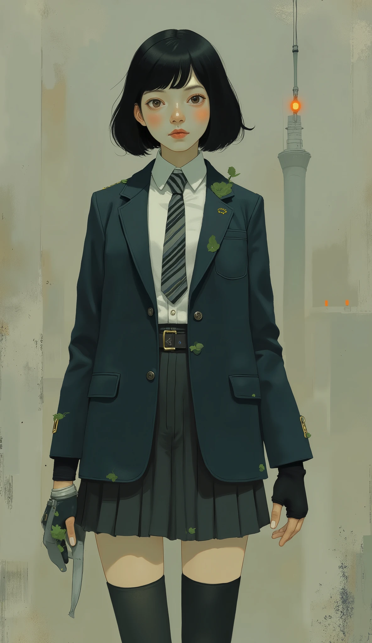 フォーマルでありなbutらスタイリッシュな衣装を着たキャラクター. The character wears a dark navy blazer over a white shirt with a collar, Styled with 、and a black and white striped tie. The outfit elegantly matches similar pleated skirts Dark hues, and knee-length. High stockings that exude. The accent of the ensemble、black fingerless gloves with scattered green leaves, but付いており、allude to a casual rebellious or sporty sense. character's hair is bob-cut, ニュートラルな装いに対して鮮やかな青色but際立ちます. The background is rough and abstract, and the, but、gray to create movement and energy around the figure {x} Illustration drawn with broad strokes of white, suggests a dynamic setting and context. is、suggests a fusion of formality and artistic expression, captures an intriguing persona.