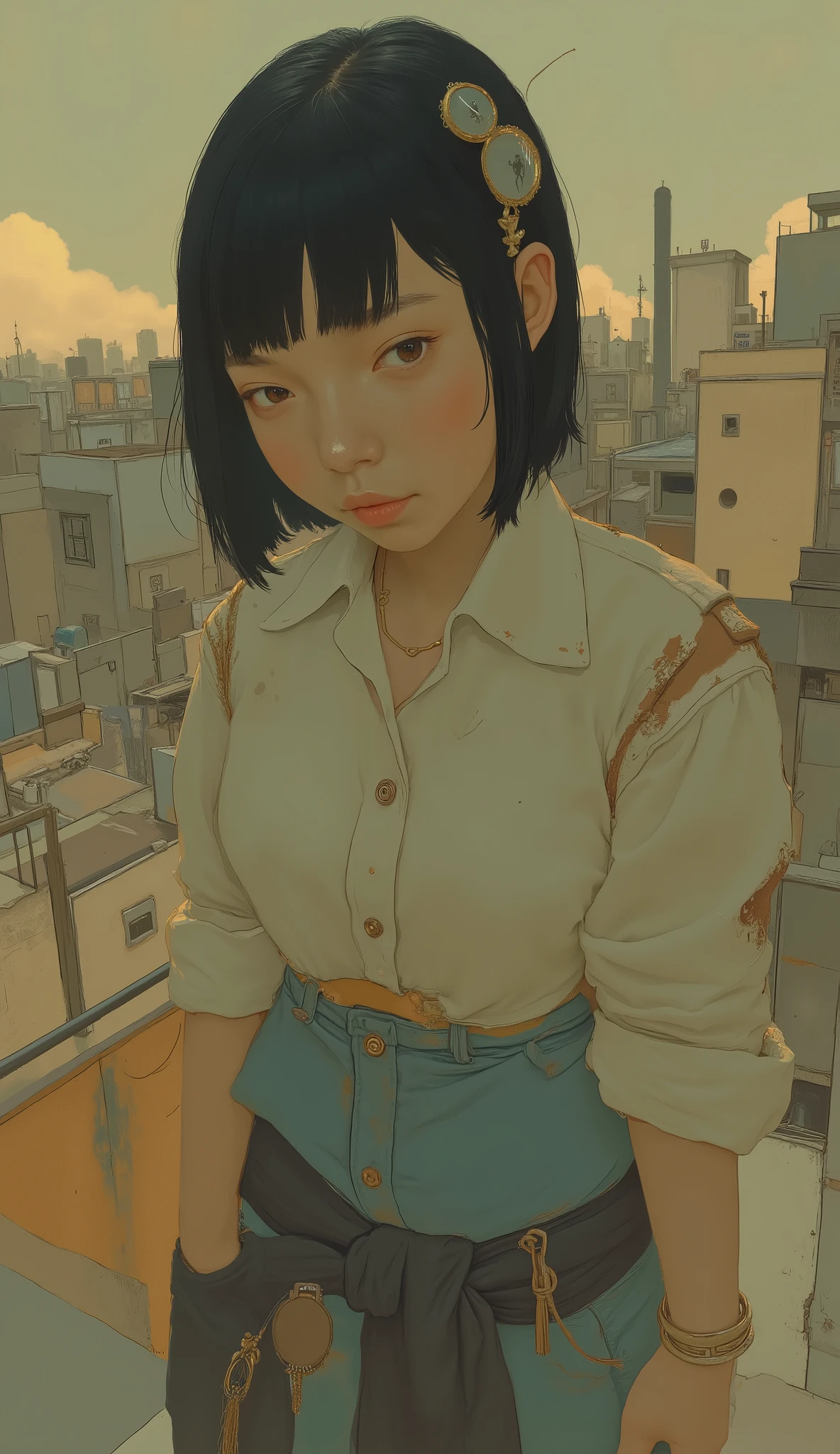 穏やかな画像には、鮮やかな葉に包まれた若い女性が写っています。, 大胆なオレンジ色の花がアクセントになっています。. 彼女の横顔は優雅に配置され、, with eyes gently closed, 静寂と内省を暗示している. 彼女の髪は鮮やかな青緑色で、, 背中に優雅に流れ落ち、, 髪にもマッチした花の要素が飾られています。, 自然とのつながりを深める. 背景は、緑の色合いの葉が重なり合った芸術的なコラージュで、, ブラウン, 金と, 被写体と周囲の環境の間に奥行きと融合感が生まれています。. 光が差し込む, 柔らかい影とハイライトを落とす, 全体的に穏やかで調和のとれた雰囲気が強調されています。. 構図は鮮やかな色と繊細なディテールのバランスが取れています。, 現代的なイラストと自然美が融合した雰囲気を醸し出しています。. 画像は平和と地球とのつながりを感じさせます。, 感情的なニュアンスでデジタルアートの枠を超えています。.