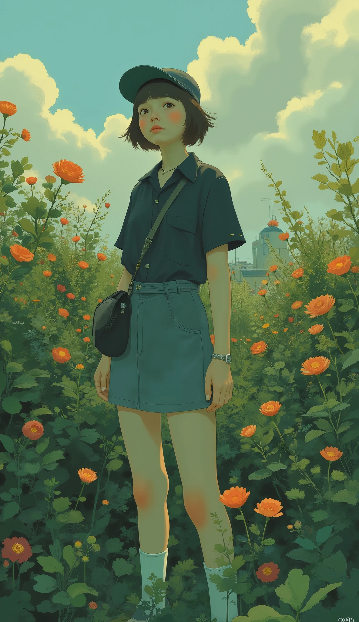 There is a woman standing in front of a bush, anime produced by painter studio, Digital Animated Illustration, Vivid Color.Digital 2D, dreamy fantastic anime, Girl in Flowers, Low level of detail. Digital Painting, drawn in an anime painter's studio, Woman in flowers, A planet overgrown with lush greenery, in the style of a digital illustration , anime graphic illustration