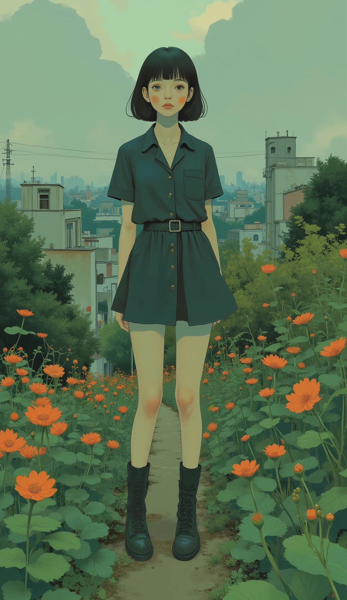 There is a woman standing in front of a bush, anime produced by painter studio, Digital Animated Illustration, Vivid Color.Digital 2D, dreamy fantastic anime, Girl in Flowers, Low level of detail. Digital Painting, drawn in an anime painter's studio, Woman in flowers, A planet overgrown with lush greenery, in the style of a digital illustration , anime graphic illustration