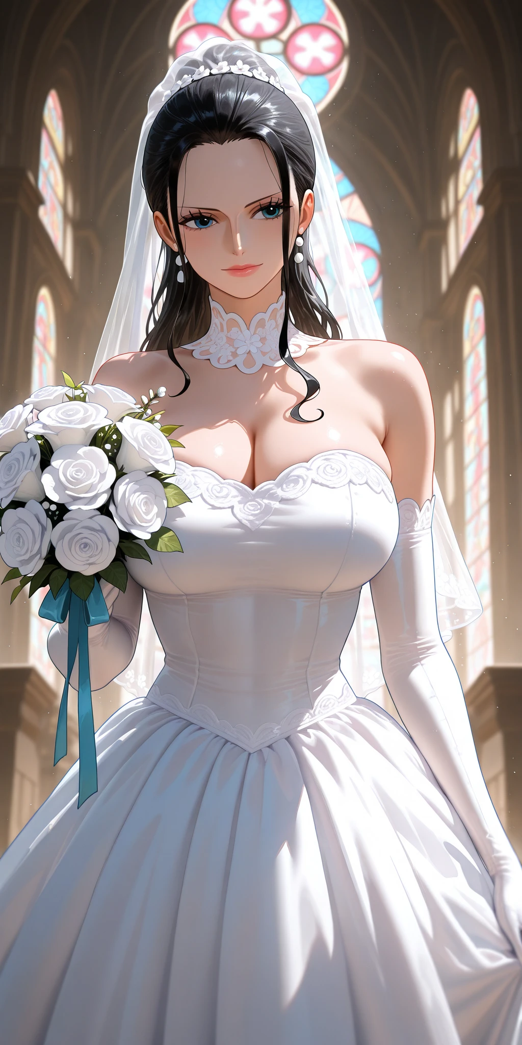 (masterpiece, best quality:1.4), (beautiful, perfect, delicate, detailed, intricate, aesthetic:1.2), ultra-detailed, soft light, natural lighting, cinematic light, film grain, (depth of field), (1girl:1.4), perfect female form, (bride, wedding), (perfec face, detailed eyes, expressive eyes, eyeliner, glossy lips, blush), (), (black vail:1.4), (black dress:1.4), cleavage, detailed black dress, (bouquet of blue flowers), light particles, (in church), (detailed church), (cowboy shot),