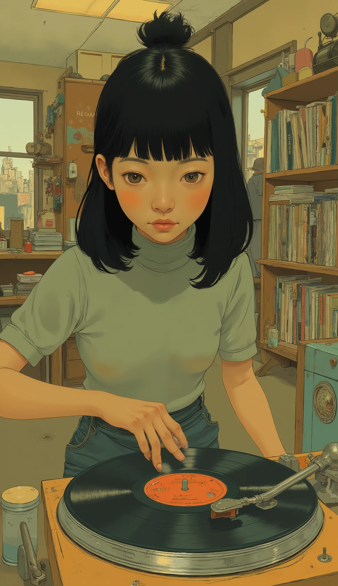 There is a woman playing a record in a room, loffy girl, record store girl, Satoshi Kon's art style, Satoshi Kon style , by Satoshi Kon, By Yanagawa Nobumasa, inspired by Sato Kon , shintaro kago, lo-fi art style, Tatami Galaxy, satoshi kon anime