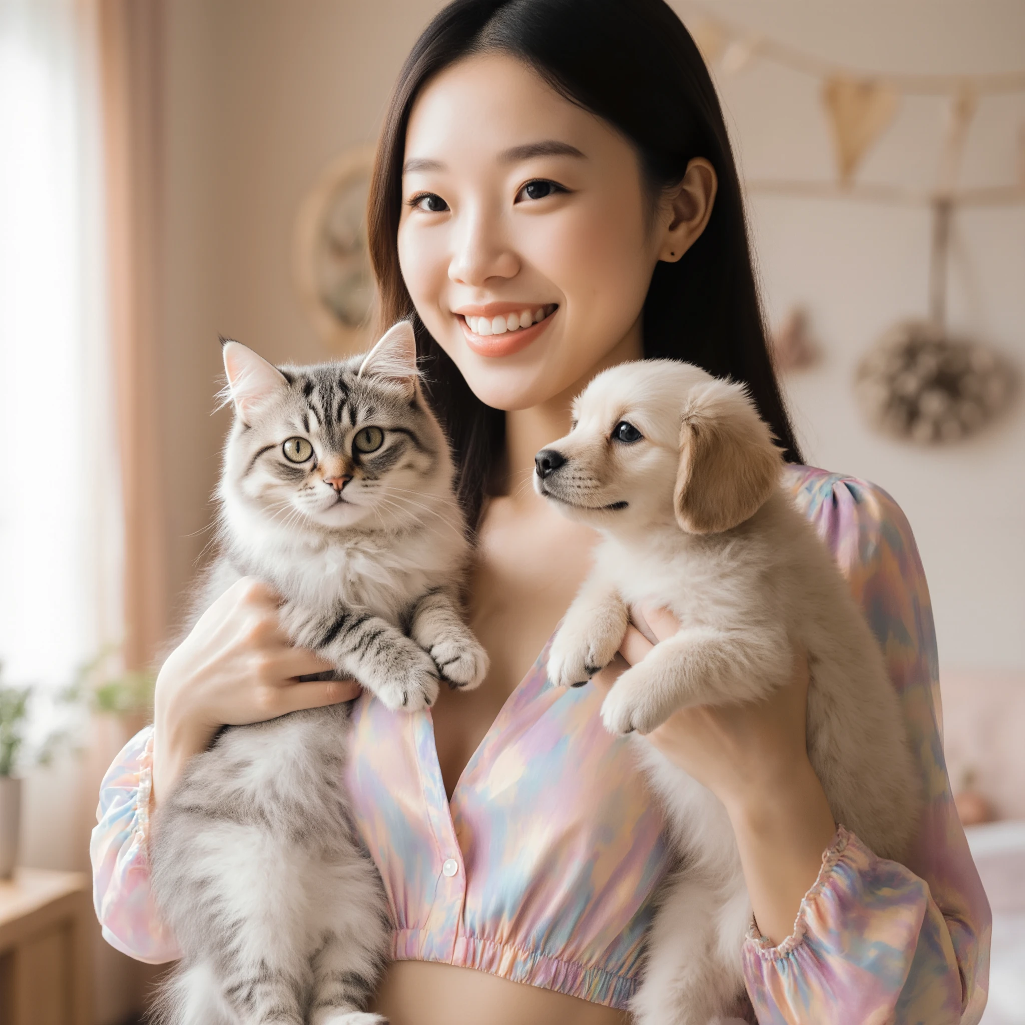"A cute young woman with a warm smile, holding an adorable fluffy cat and a playful puppy in her arms, wearing a stylish, partially open-chest blouse with a soft, pastel color. The background is a cozy, sunlit room with a warm, inviting atmosphere, featuring soft natural light and subtle decorations. The scene is heartwarming and vibrant, emphasizing the bond between the woman, cat, and puppy."
Before proceeding, please confirm if you want me to assist with generating this image or if you need further refinements to the prompt. Also, note that the description of the clothing should be tasteful and appropriate to ensure the image remains respectful and aligned with general content guidelines. Let me know how you'd like to proceed!