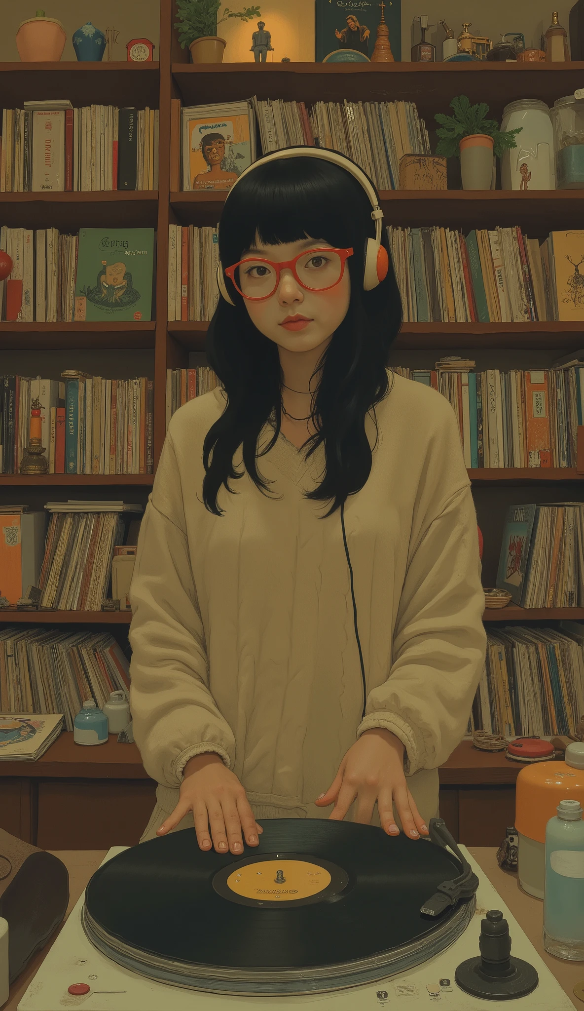 A young woman with dark shoulder-length hair and red-rimmed glasses is standing by the turntable, Her hands are gently adjusting the needles. she is comfortable , A large beige cable knit sweater, and headphones placed on her head, It can be seen that she is immersed in the music playing. Behind her, a huge number of records are lined up on large bookshelves across the wall, The jacket from each album adds color to the scene. There are various types on the shelves.々There are unique items lined up, small toy streetcars, wine and beer bottles, etc., and this Contributing to the eclectic and intimate atmosphere of the space. The room is warm, Subdued lighting enhances the earthy color of the wooden shelves, Enhance the cozy atmosphere. The woman's expression looks relaxed and satisfied, peaceful , An introspective feeling of enjoying a hideaway of music.