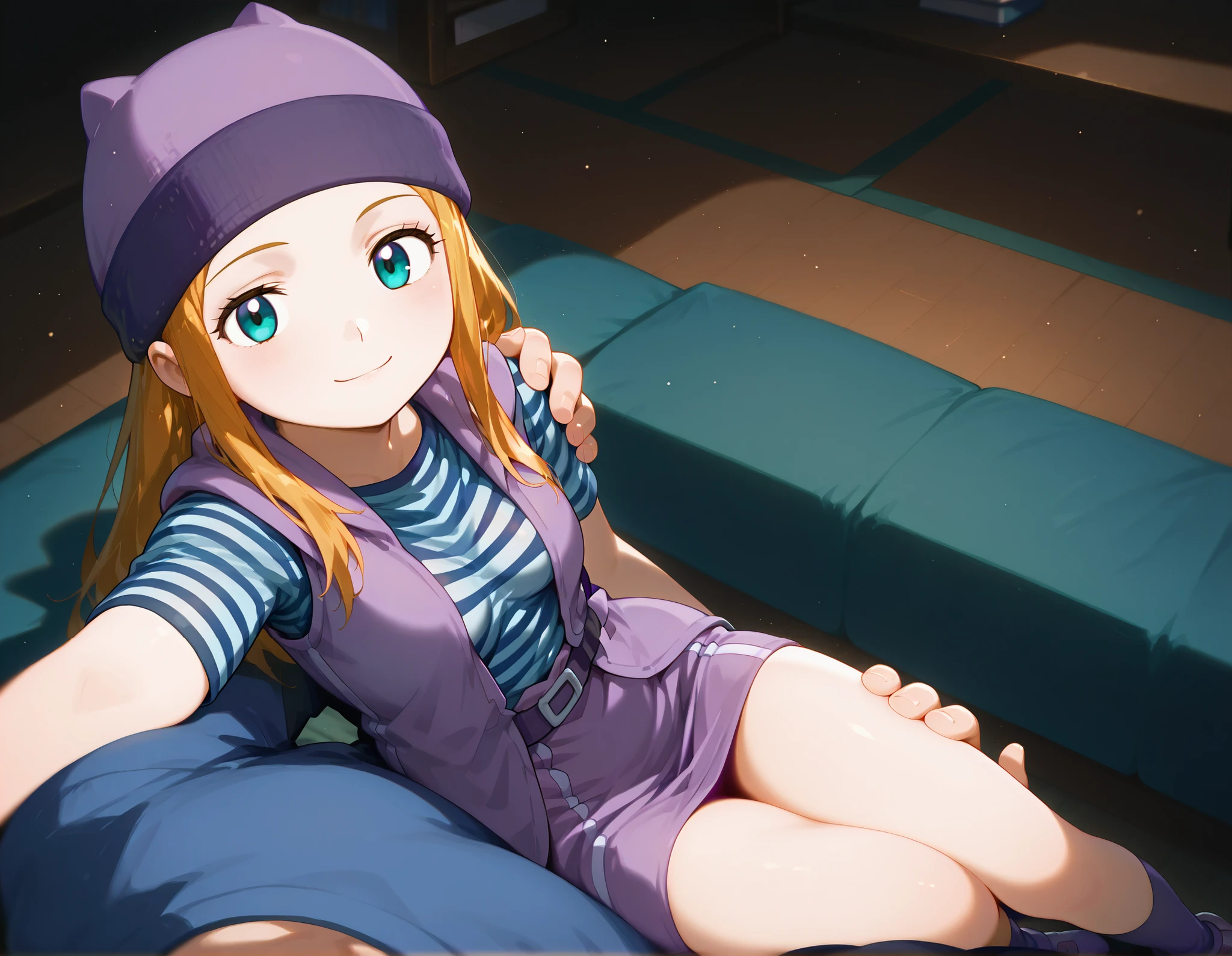 anime style, 1masterpiece, absurdres, best quality, 1girl, solo, zoe orimoto, blond hair, ((long hair)), slight smile, medium sized breasts, (purple beanie,purple vest,purple miniskirt,blue white striped shirt,), purple socks, 1boy, pov, p0vpr1nc4rry, princesscarrypose, carrying person, from above, on side, lying on arms, indoors, dark, very dark