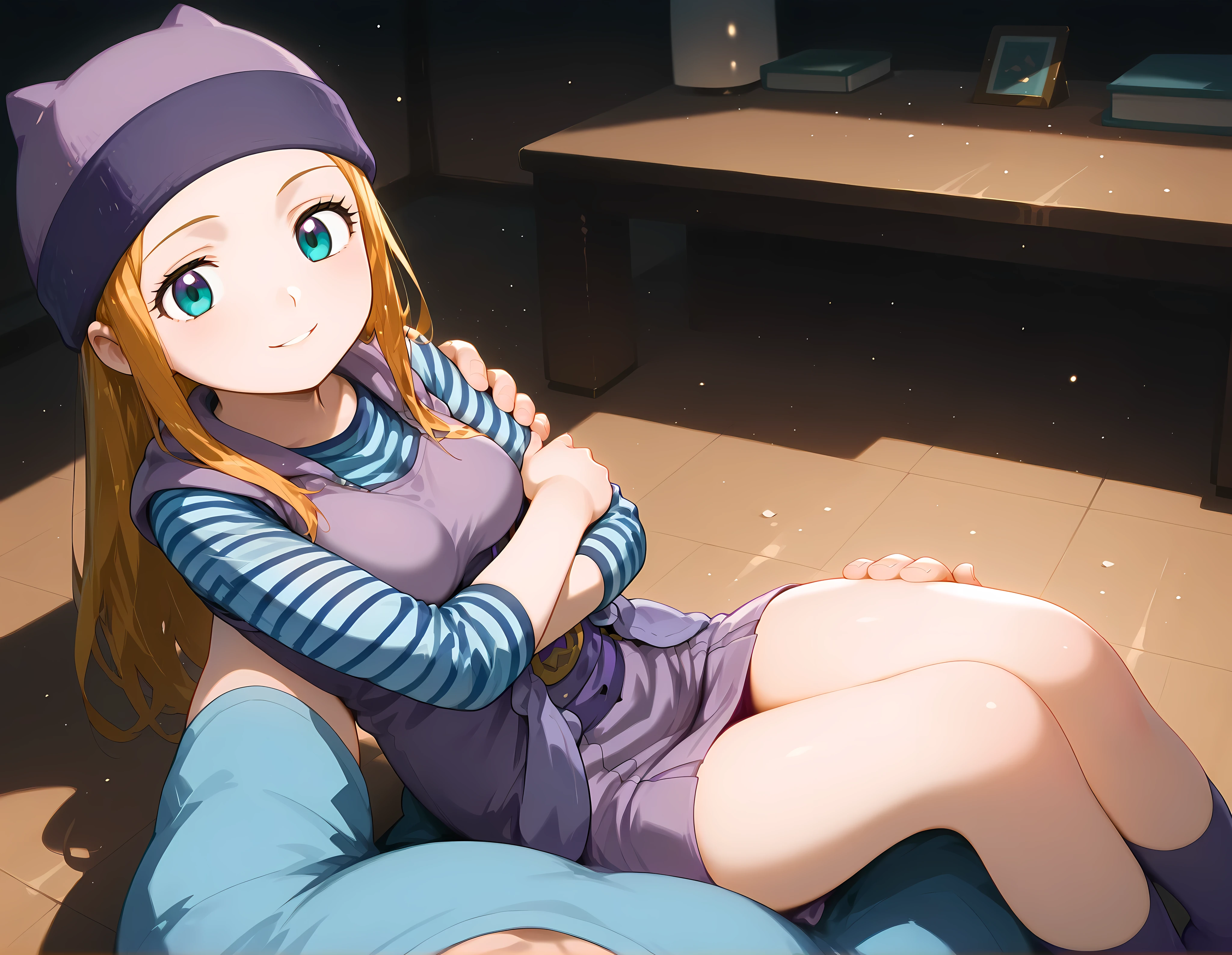 anime style, 1masterpiece, absurdres, best quality, 1girl, solo, zoe orimoto, blond hair, ((long hair)), slight smile, medium sized breasts, (purple beanie,purple vest,purple miniskirt,blue white striped shirt,), purple socks, 1boy, pov, p0vpr1nc4rry, princesscarrypose, carrying person, from above, on side, lying on arms, indoors, dark, very dark