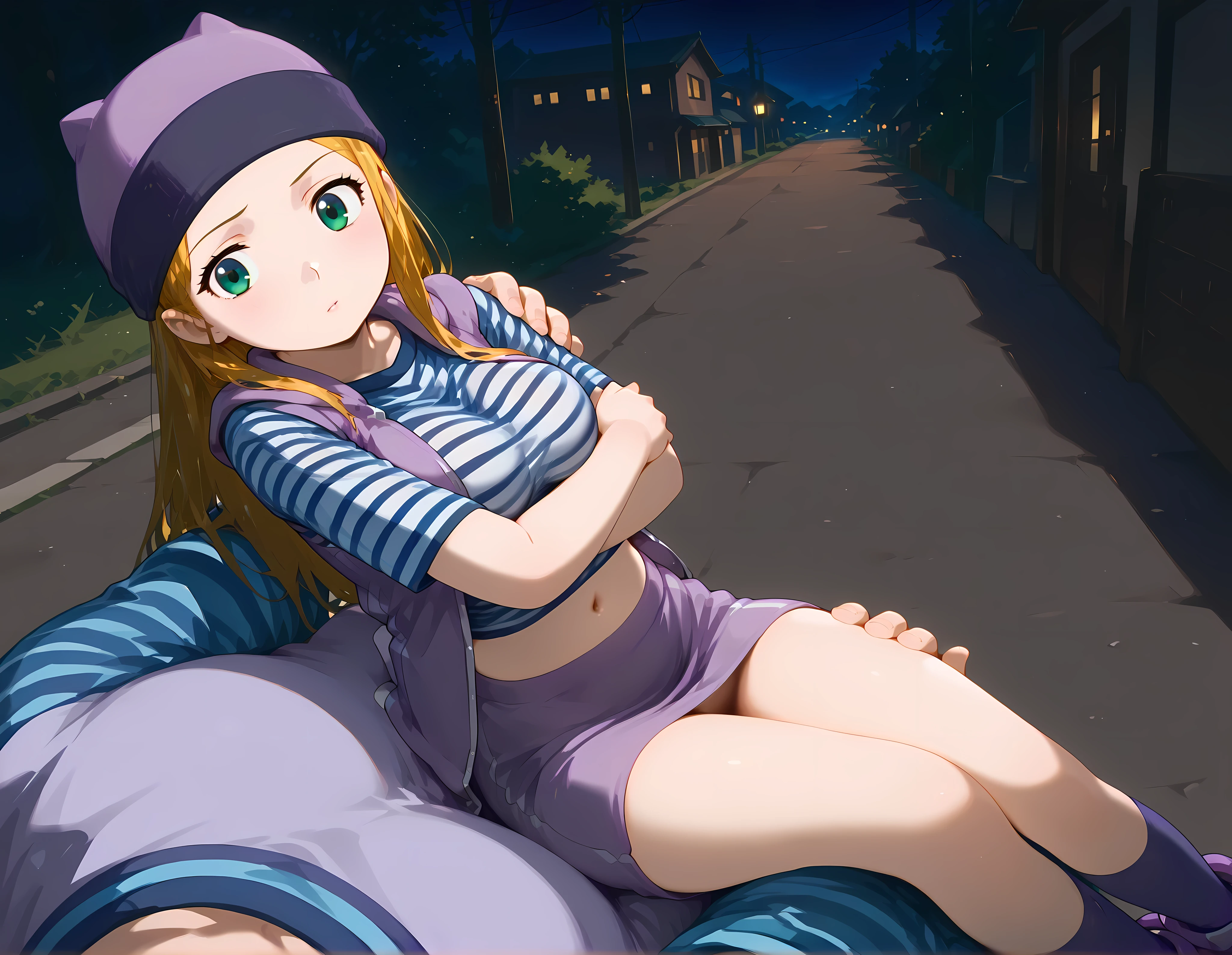 anime style, 1masterpiece, absurdres, best quality, 1girl , izumi Orimoto , outdoors , streets , green eyes , blonde hair , long hair , purple beanie , purple vest , purple miniskirt , blue white striped shirt , long purple socks , purple vest , striped shirt , navel shirt , medium size breast, 1boy, pov, p0vpr1nc4rry, princesscarrypose, carrying person, from above, on side, lying on arms, clinging, indoors, dark, very dark