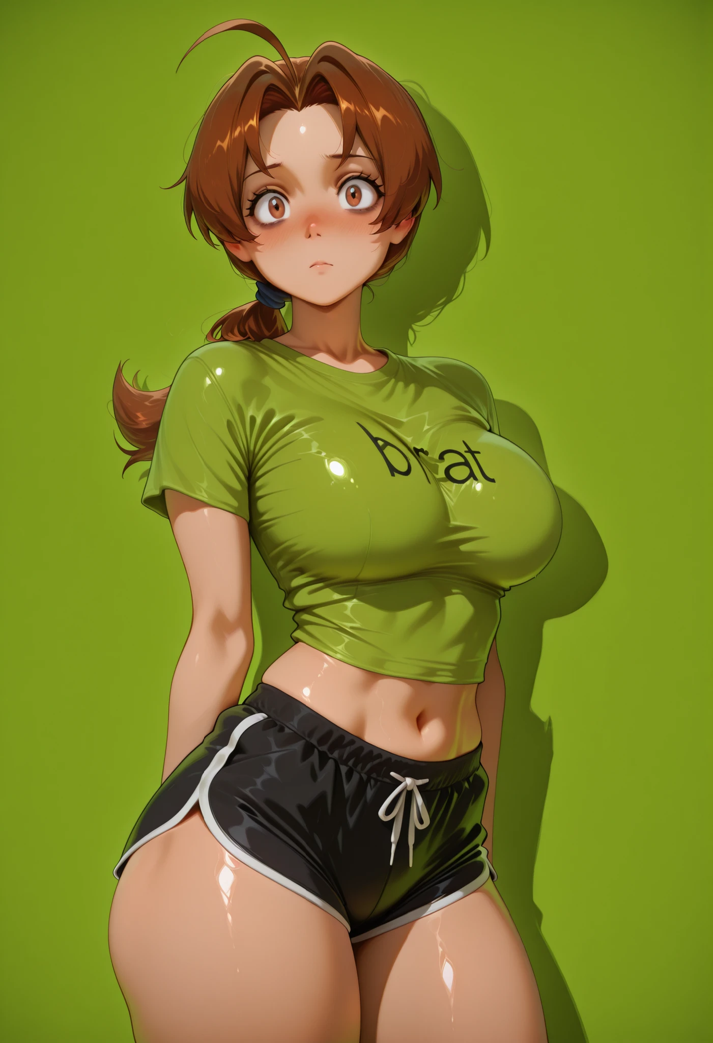 deliaketchum, brown hair, brown eyes, parted bangs, ahoge, ponytail, low ponytail, Solo, Delia Ketchum from Pokémon, BIG BREASTS , shiny skin, shiny hair, shiny body, clear body,, empty background, ,, , DYNAMIC POSE ,, empty background, BAGS UNDER EYES, LARGE BREASTS,, STANDIN UPRIGHT, COWBOY SHOT, POSING,, BIG ASS, shiny skin, shiny hair, shiny body, clear body,, empty background, standing, nice legs, looking at viewer, nose blush, shiny legs, shiny body, shiny hair, clear skin, clear body,, solo,, thick thighs, solo, female, large breasts, bratcharli, bratcharli shirt, green background, navel, midriff, black dolphin short, black dolphin shorts, black and white dolphin shorts, BLACK AND WHITE DOLPHIN SHORTS