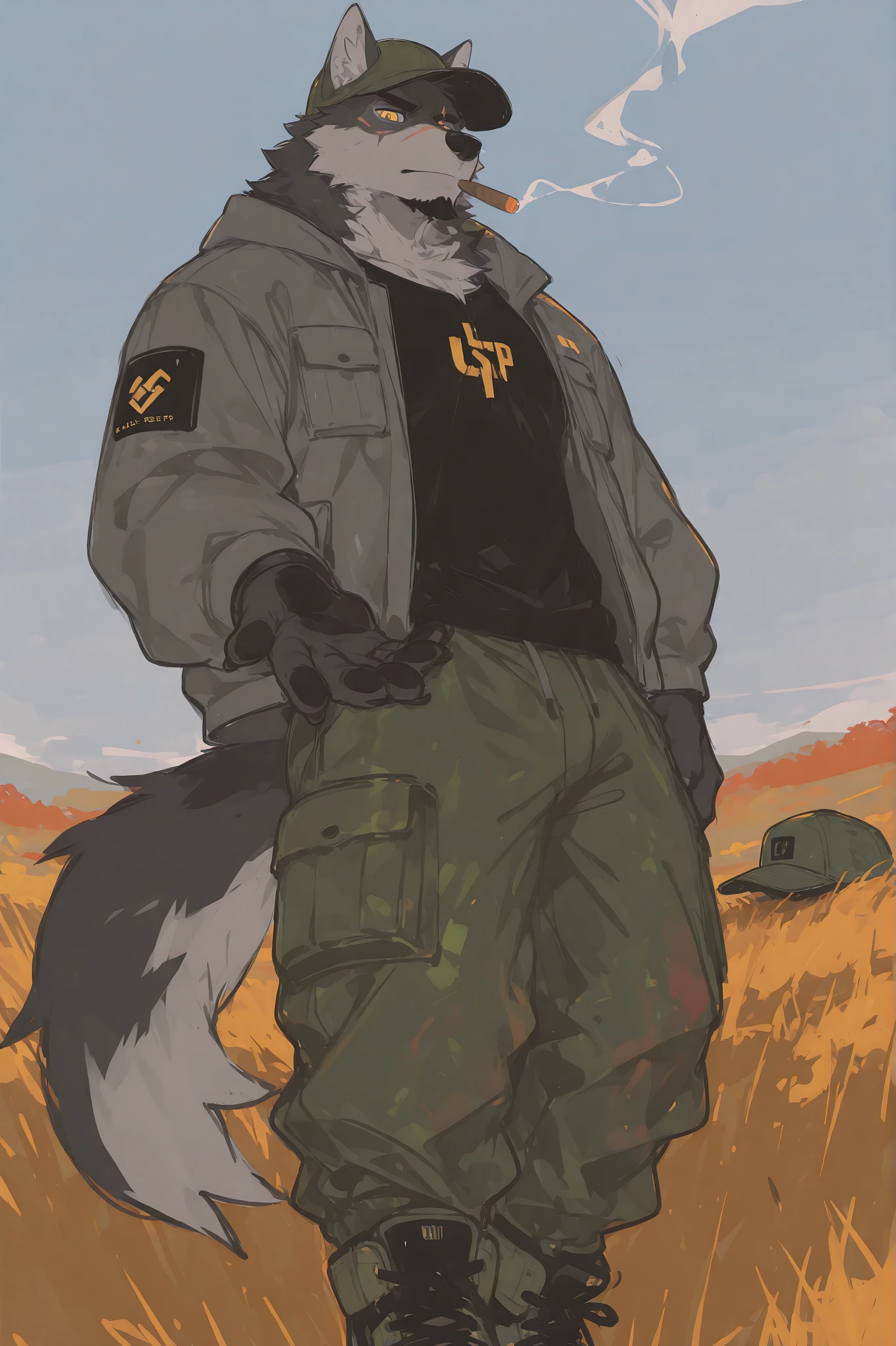 1 Uncle，(((middle-aged_male:1.5)))，old_man:0.5，Gray Wolf，((beard))，furry，outdoor，autumn，（）beautiful autumn view：1.3），gangsters， front view，Golden Eyes，gray fur，white body，black eyebrows,baseball cap,open jacket，black tankop inside, (waterproof cargo Pants:1.3)， Air Jordan 1 sneakers，smoking cigar,(colourful view:1.3),colourful painting, from a bird's-eye view，The sky has swallows flying past（stout），strong ones，Abdominal muscles，(( boy:1.3))，(( ))，((older))，outdoor，8，（（alone）），strong ones, looking_at_viewer,serious，from below is expressionless，Caress_at_viewer，side view，best quality, masterpiece, muscular, solo, detailed pupils, bara, wolf, black fur, narrow waist, male focus, muscular, mature, furry, large pectorals,soft lighting, scar on face, scar across eye, scar, mane, thick thighs, tail, dynamic pose, looking at viewer,  (sketch, flat color, sketch marks, flat shading:1.3), emphasis lines, motion lines, (line art:1.1), BREAK score_9_up,score_8_up,score_7_up,score_6_up,score_5_up,score_4_up, wolf boy,Negative prompt: text,logo,signature,bad hands,bad anatomy,hair,lowres,low quality,watermark,logo,one hand inviting viewer,teasing viewer,beckoning，masterpiece,best quality,newest,highres,
furry,solo,male,(wolf boy:1.2),muscular