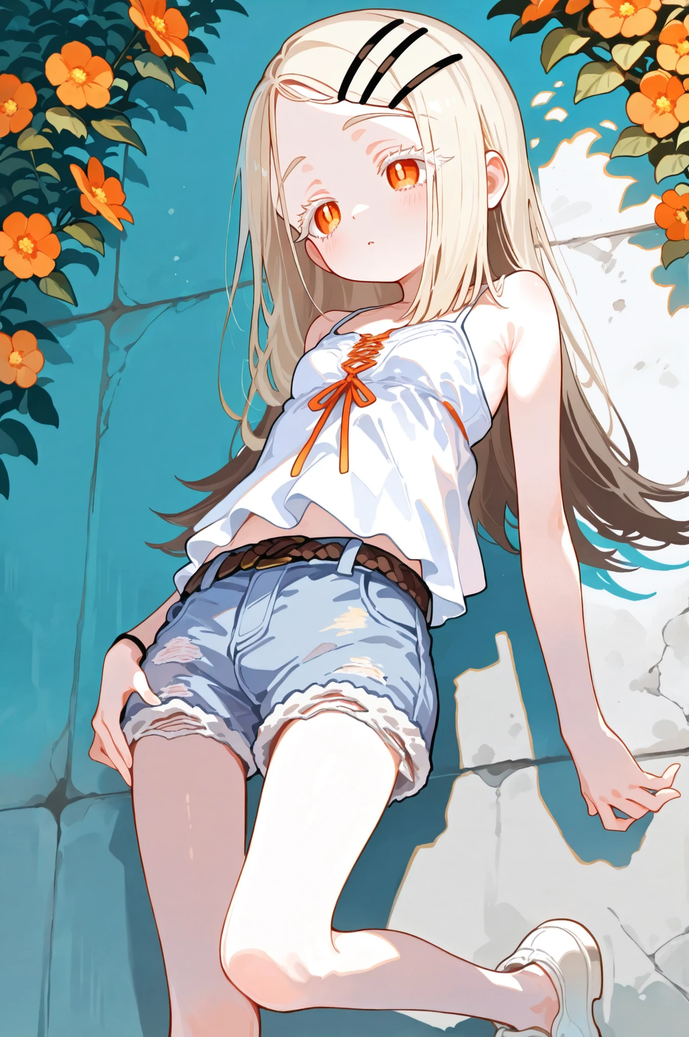 high quality　masterpiece　Detailed Explanation　1 girl (Shinosawa_Hiro) slim body　small breasts　(hiro,slender,orange eyes,white eyelashes,blonde hair,brown hair,long hair,hairclip,white camisole,sleeveless,denim shorts,belt,white footwear)  cute　(concrete wall A hedge of oleander, A bush blooming with orange flowers,) blue color palette background color summer atmosphere SUNFADED