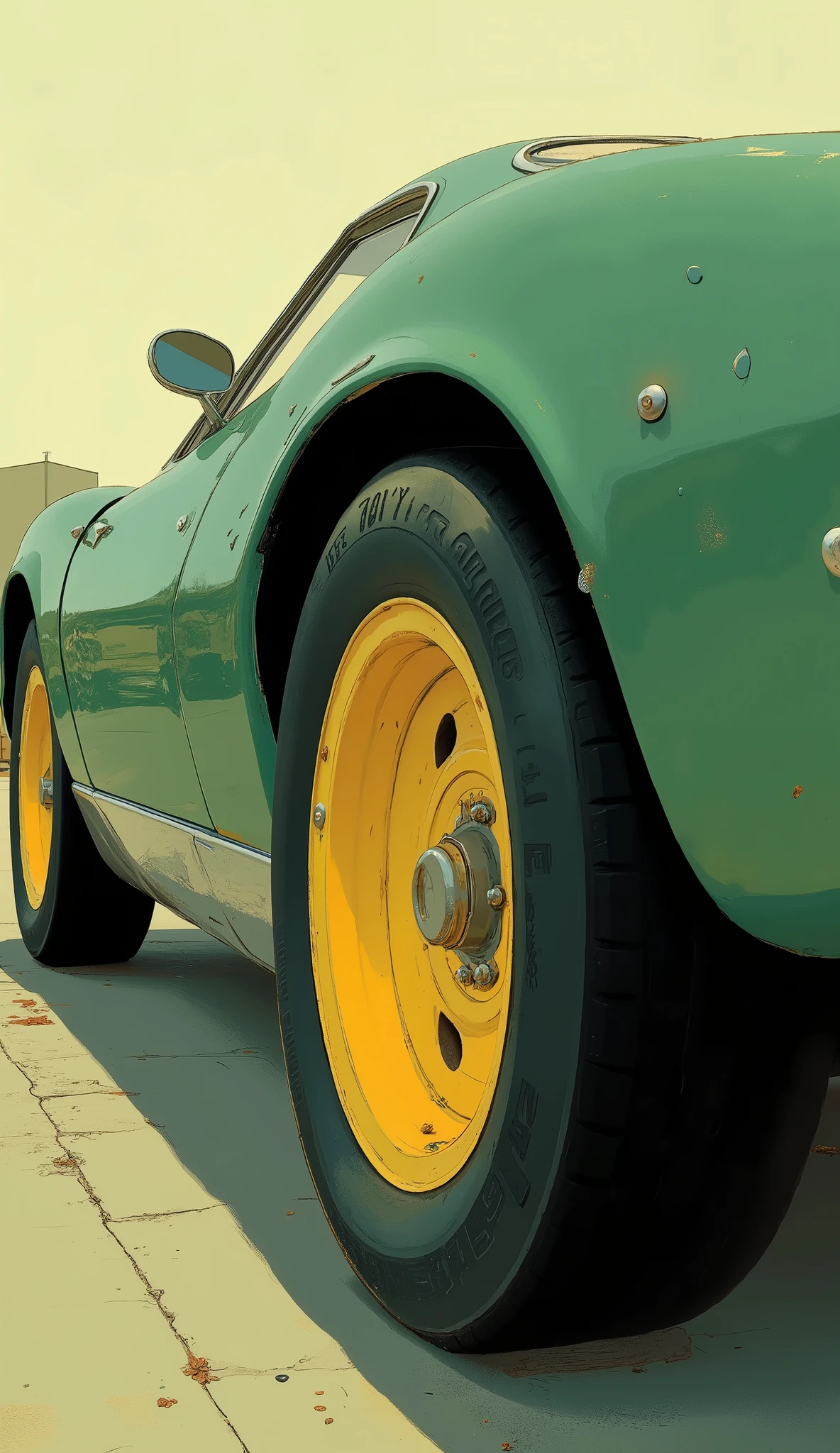 There is a picture of a car with a yellow rim, Miura Kentaro style , very detailed hyperreal retro, high quality illustration, Richard Mayhew, , car illustration, render, digital rendering, rendering, sweat drips, Miura Kentaro Style , gtr xu1, Inspired by Katsushika Oi, hyperreal”