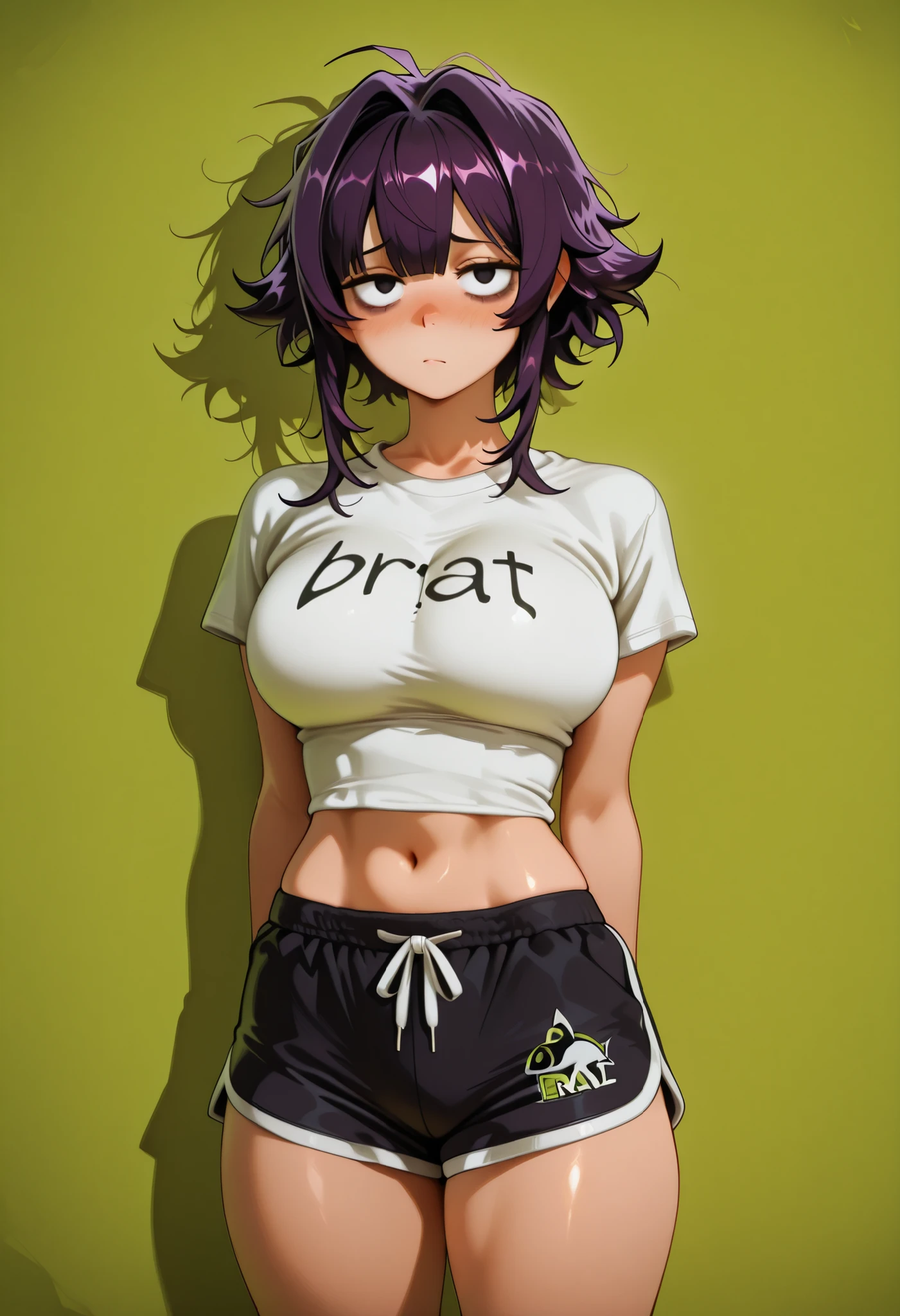 masterpiece, high quality, detailed 1girl, jirouSDXL jirou kyouka short dark purple hair black eyes, BIG BREASTS , shiny skin, shiny hair, shiny body, clear body,, empty background, ,, , DYNAMIC POSE ,, empty background, BAGS UNDER EYES, LARGE BREASTS,, STANDIN UPRIGHT, COWBOY SHOT, POSING,,, shiny skin, shiny hair, shiny body, clear body,, empty background, standing, nice legs, looking at viewer, nose blush, shiny legs, shiny body, shiny hair, clear skin, clear body,, solo,, thick thighs, solo, female, large breasts, bratcharli, bratcharli shirt, green background, navel, midriff, black dolphin short, black dolphin shorts, black and white dolphin shorts, BLACK AND WHITE DOLPHIN SHORTS, GREEN bratcharli shirt , GREEN bratcharli