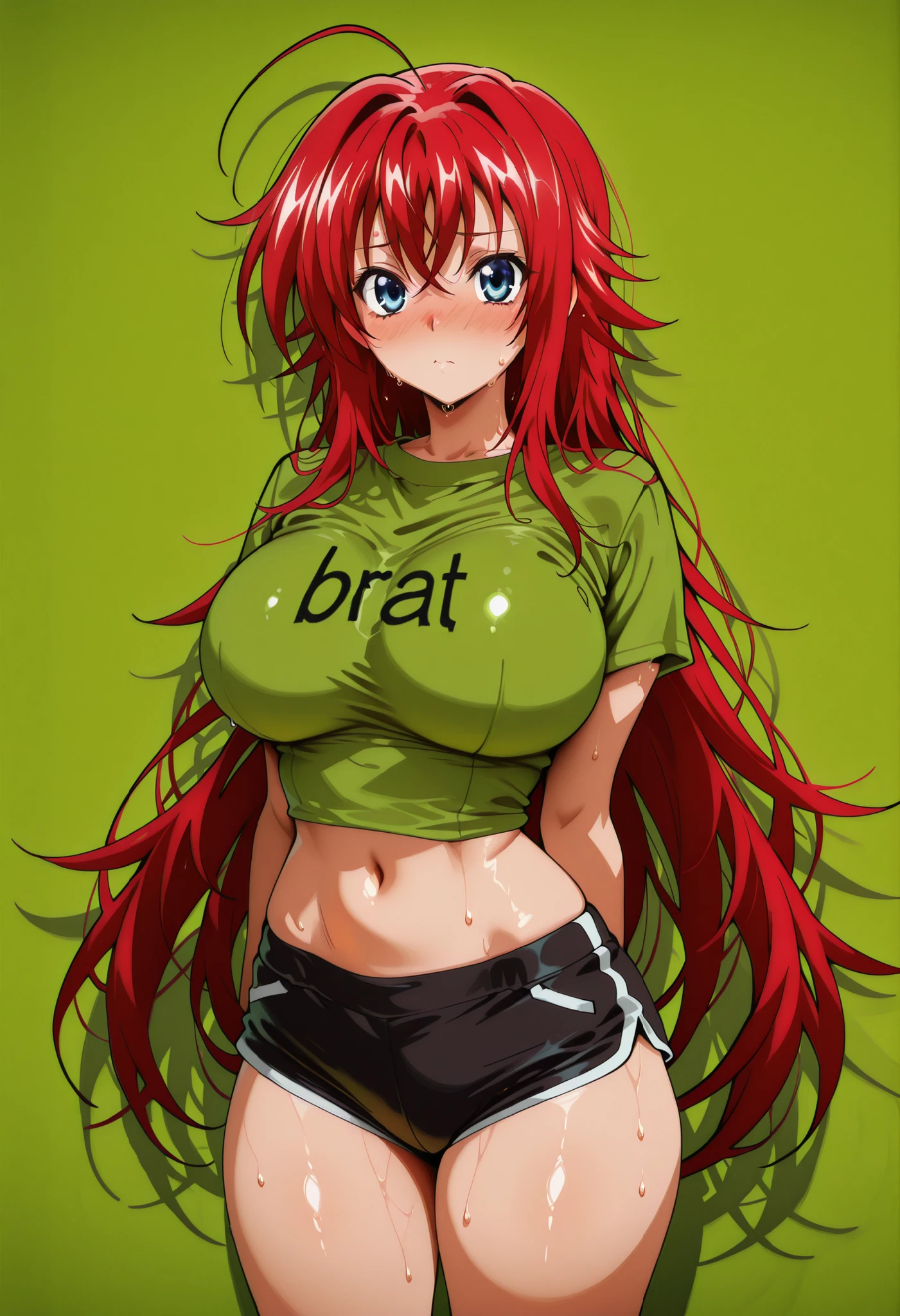 (masterpiece), Anime Style,solo,alone,only 1 girl,Rias Gremory standing, , , COWBOY SHOT, detailed rendering, smooth skin ,, looking at viewer, nose blush, shiny legs, shiny body, shiny hair, clear skin, clear body, sweat, sweaty, sweaty:1.3, solo, thick thigh, thick thighs, solo, female, large breasts,, looking at viewer, large breasts, STANDING, POSING, COWBOY SHOT, NICE LEGS, opaque clothes,, HUGE BREASTS,, solo, large breasts, thick thigh, dynamic pose, navel ,midriff, ,,,,,,, empty background, bratcharli, bratcharli shirt, green background,bratcharli, bratcharli shirt, green background, black dolphin short