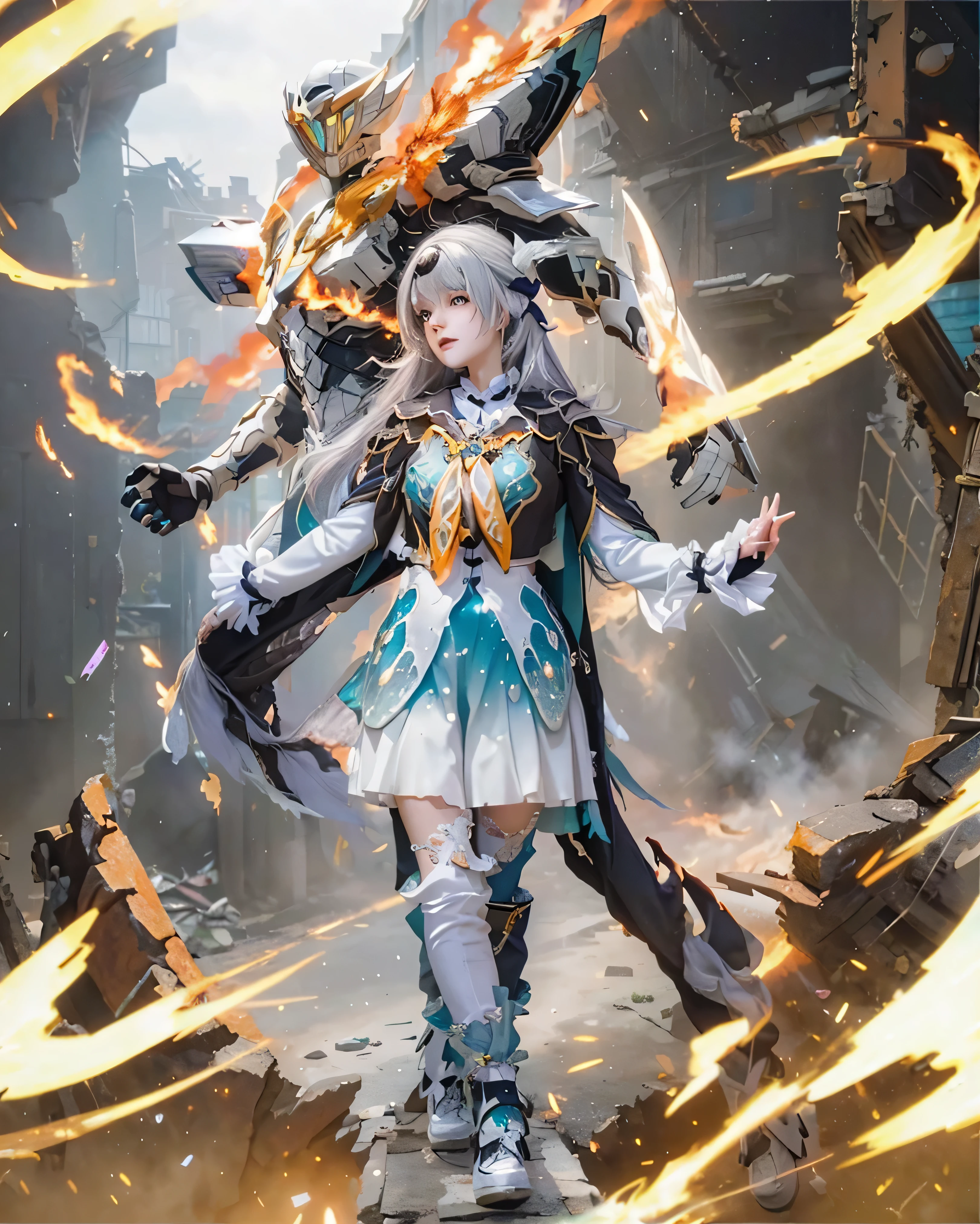 ((FIREFLY & SAM_HONKAI STAR RAIL)),((realistic, photorealistic)),(highlight hair)), Light reflection, (( HD )),((upper body)), (((best quality, masterpiece))), (masterpiece) (best quality) (detail) (8k) (HDR) (wallpaper) (cinematic lighting) (sharp focuasterpiece, best quality: 1.1), Real life adaption of this character, beautiful girl, Shining green eyes, realistic outfit, realistic shadow, realistic light, realism, hyper realistic, realistic background,Realistic hair, realistic hair at the back,(photorealistic:1.2), 1girl,Background of space train, space station, loose hair, floating,Tokusatsu background,light particles,Asian female, mid-20s, in a detailed cosplay,  light-blue and white layered outfit with intricate details.  Short-sleeved top with puffed sleeves and a ruffled collar,  light-blue layered skirt.  Purple tights,  dark boots.  Long light-gray/white hair,  flowing style, bangs over her forehead.  Slight smile, soft expression.  Standing pose, mid-action, with one arm raised.  Background of a destroyed city scene, with metallic wreckage and rubble.  Large mecha-like figure behind her in white and gray, with orange flames.  Dynamic composition, vibrant color palette with orange and blue tones.  Dramatic lighting with intense highlights,  stylized effects on the surrounding environment, smoke, sparks, and fire. , fantasy,  cosplay style,  cinematic lighting,  detailed clothing design,  action shot,  active pose,  wide-angle perspective. --ar 1:1.6 --q 2 --s 800