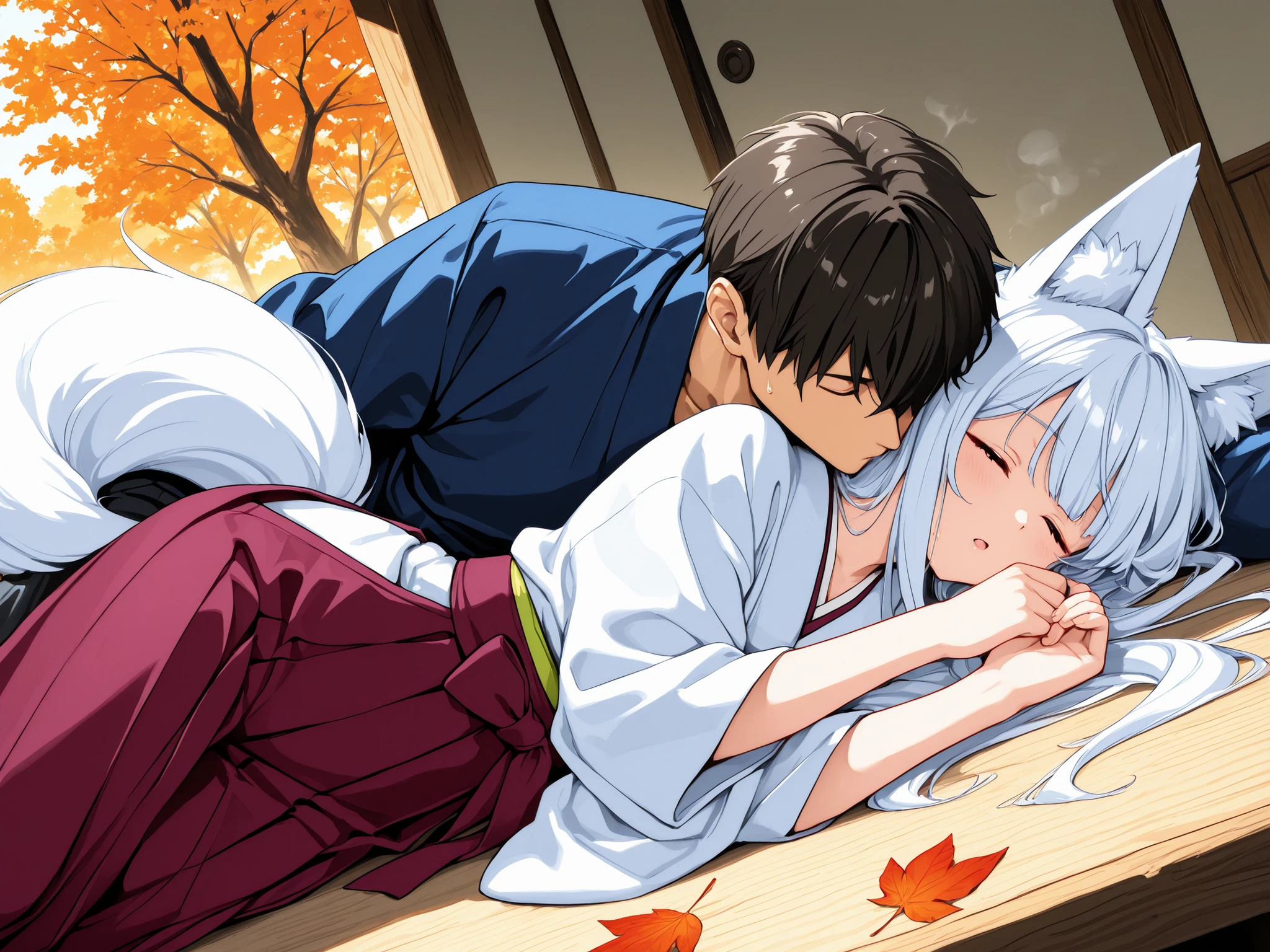 {{着物}}，{{女性}},{{Woman in Japanese Kimono}}, ultra-aesthetic, anime style,hakama, smile,white_fox_ears, white long hair, white_fox_tail,{best quality}, {very aesthetic}, {ultra-detailed}, {best illustration},複数の尻尾,秋,{{紅葉}},こちらを向く,胸をはだける, girl, being invited, autumn, tranquil,1 male,1 female,sweat, steam,male perspective,spooning, man and girl are lying down, male kiss girl, girl is sleeping next to man steam,日本家屋の中,touch clitolis、涙を流す