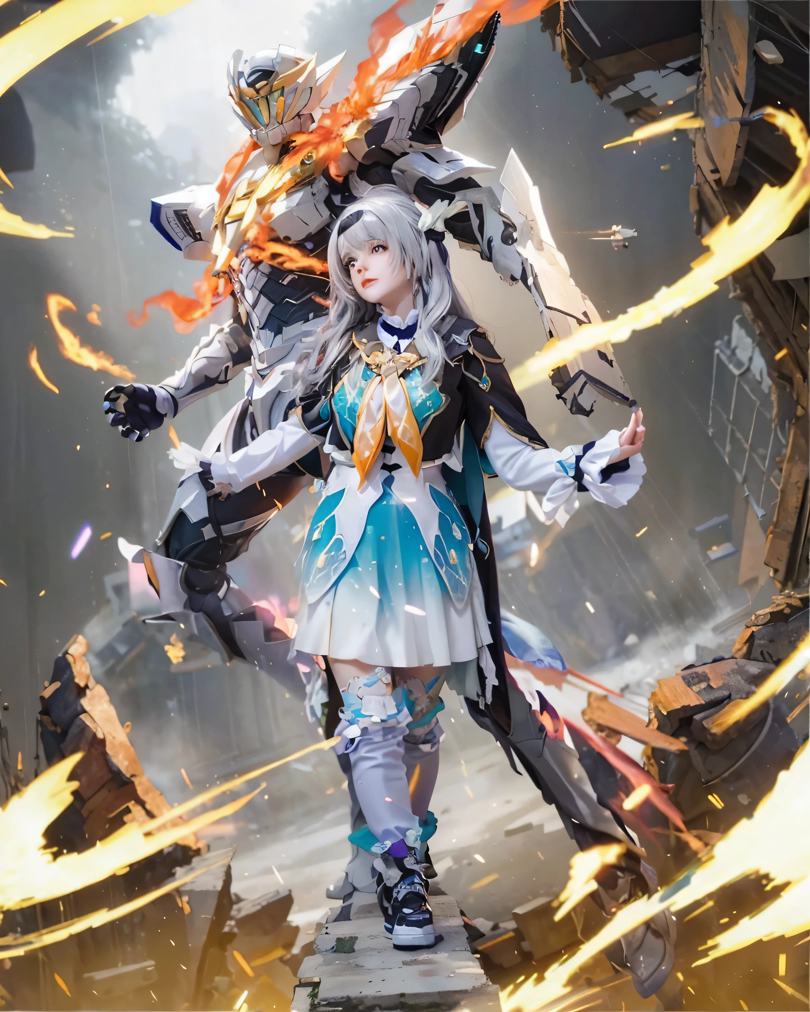 ((FIREFLY & SAM_HONKAI STAR RAIL)),((realistic, photorealistic)),(highlight hair)), Light reflection, (( HD )),((upper body)), (((best quality, masterpiece))), (masterpiece) (best quality) (detail) (8k) (HDR) (wallpaper) (cinematic lighting) (sharp focuasterpiece, best quality: 1.1), Real life adaption of this character, beautiful girl, Shining green eyes, realistic outfit, realistic shadow, realistic light, realism, hyper realistic, realistic background,Realistic hair, realistic hair at the back,(photorealistic:1.2), 1girl,Background of space train, space station, loose hair, floating,Tokusatsu background,light particles,Asian female, mid-20s, in a detailed cosplay,  light-blue and white layered outfit with intricate details.  Short-sleeved top with puffed sleeves and a ruffled collar,  light-blue layered skirt.  Purple tights,  dark boots.  Long light-gray/white hair,  flowing style, bangs over her forehead.  Slight smile, soft expression.  Standing pose, mid-action, with one arm raised.  Background of a destroyed city scene, with metallic wreckage and rubble.  Large mecha-like figure behind her in white and gray, with orange flames.  Dynamic composition, vibrant color palette with orange and blue tones.  Dramatic lighting with intense highlights,  stylized effects on the surrounding environment, smoke, sparks, and fire. , fantasy,  cosplay style,  cinematic lighting,  detailed clothing design,  action shot,  active pose,  wide-angle perspective. --ar 1:1.6 --q 2 --s 800