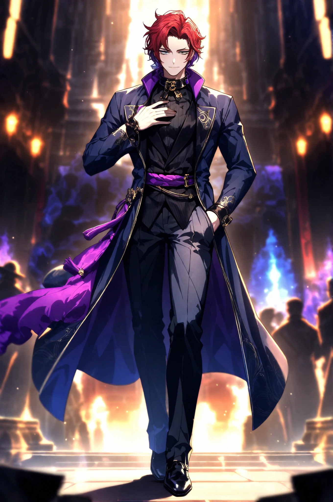 A slim Male figure stands adorned in a visually striking outfit that combines elements of fantasy and futuristic design. Their attire is dominated by a long, flowing black and blue coat with luxuriant,, fluffy blue trim along the collar and cuffs, adding an air of regality and warmth, as well as a black tuxedo spotted with blue undertones ,Underneath, he wears pants of a similar blue and black tone, This aesthetics extends to their footwear, A vivid purple sash crosses the chest, secured with ornate buckles, introducing a bold splash of color, with red hair, with vibrant purple hair highlights, styled in a short fashion , adding a touch of character and flair to the overall ensemble. The mood is one of mystery and elegance