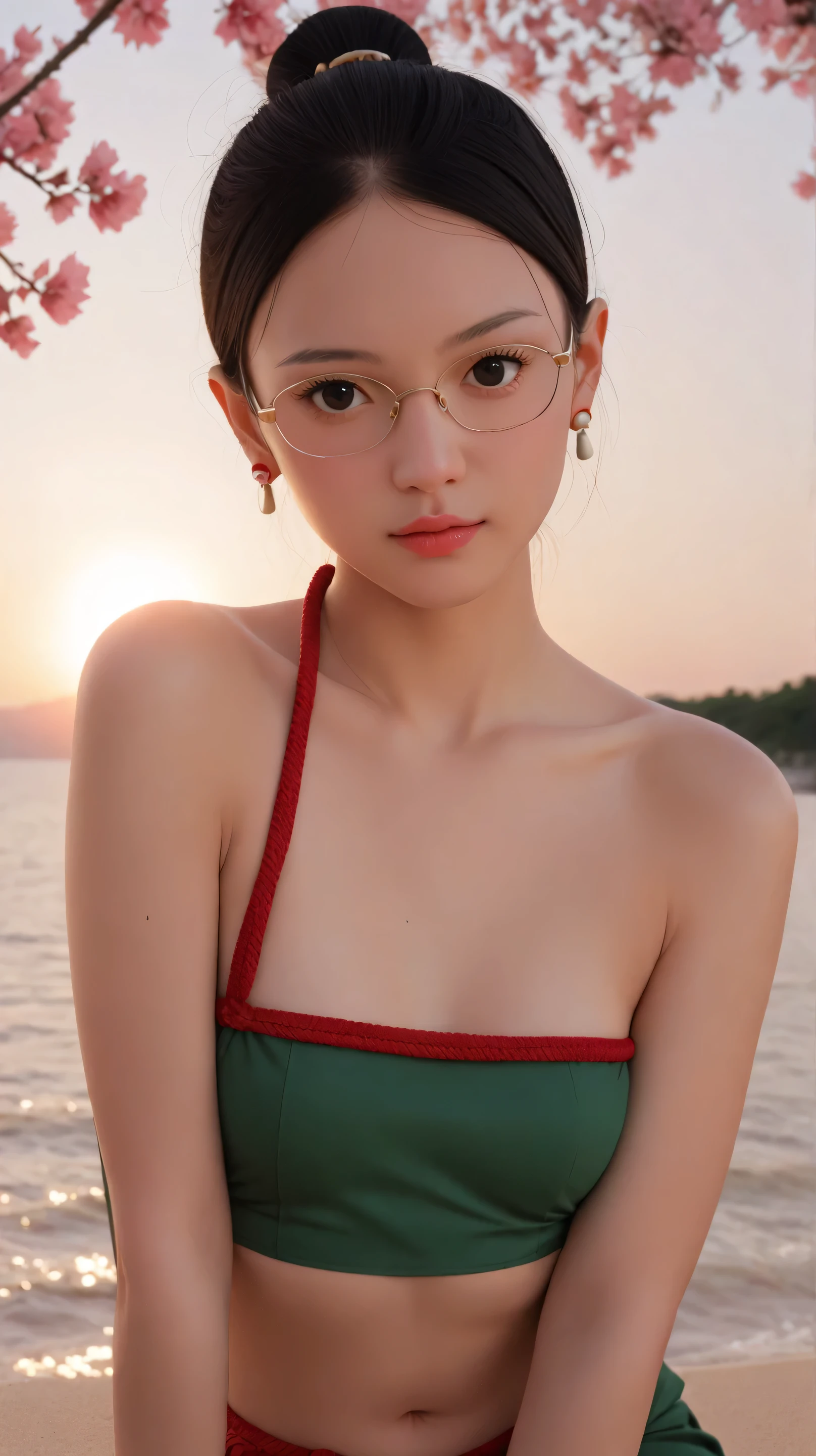1girl, solo,sarada uchiha,black eyes,black hair,buzz-cut hair,outdoors,potrait,small breast,nature,sitting on water,navel,wear glasses,(sunset:1.5),beach, close up,earings,sunset,bare shoulders, looking at viewer, big wave,(hawaian tribe outfit:1.5),cherry blossoms tree