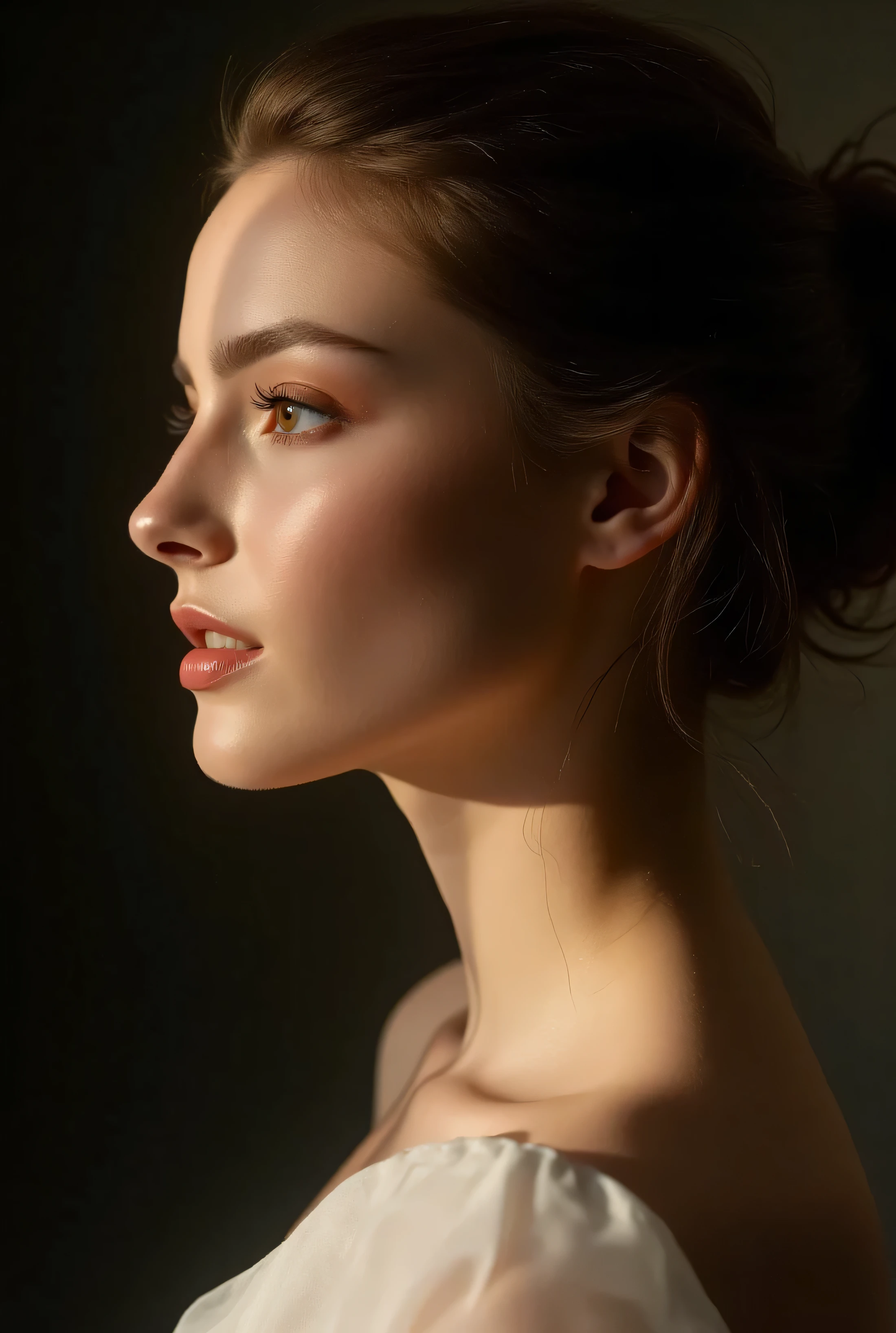 profile shot, no shadows on her face, bright lighting on her face, dark background, subtle backlighting, hair is tightly tied in a hairbun, no strand hair, 