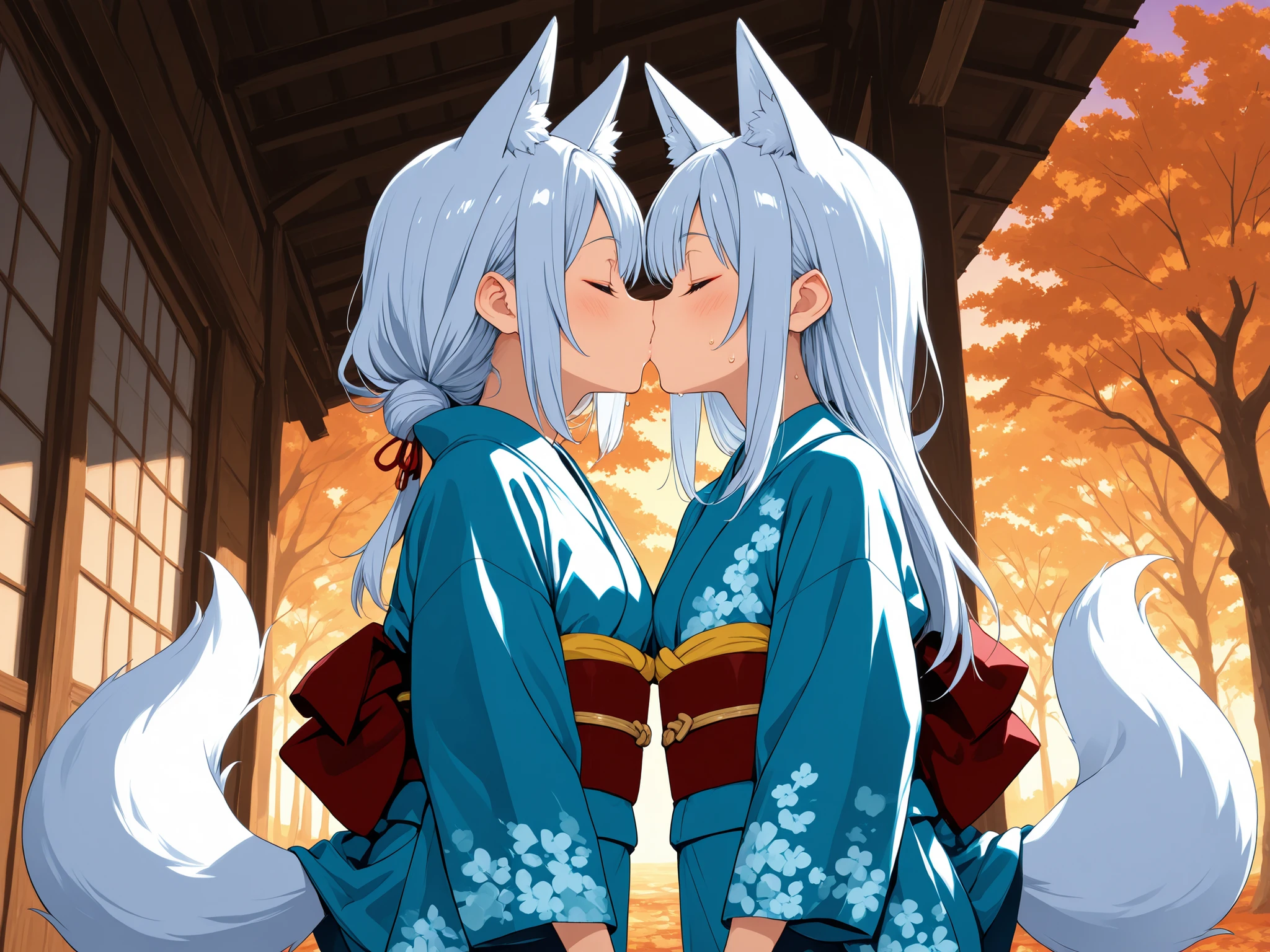 {{着物}},{{女性}},{{Woman in Japanese Kimono}}, ultra-aesthetic, anime style, smile,white_fox_ears, white long hair, white_fox_tail,{best quality}, {very aesthetic}, {ultra-detailed}, {best illustration},nsfw,複数の尻尾,秋,evening,{{紅葉}},こちらを向く,胸をはだける, girl, being invited, autumn, tranquil,1 male,1 female,sweat, steam,male perspective,steam,日本家屋の中,{{{{small_penis}}}}, kiss, kiss each other, embarrassing