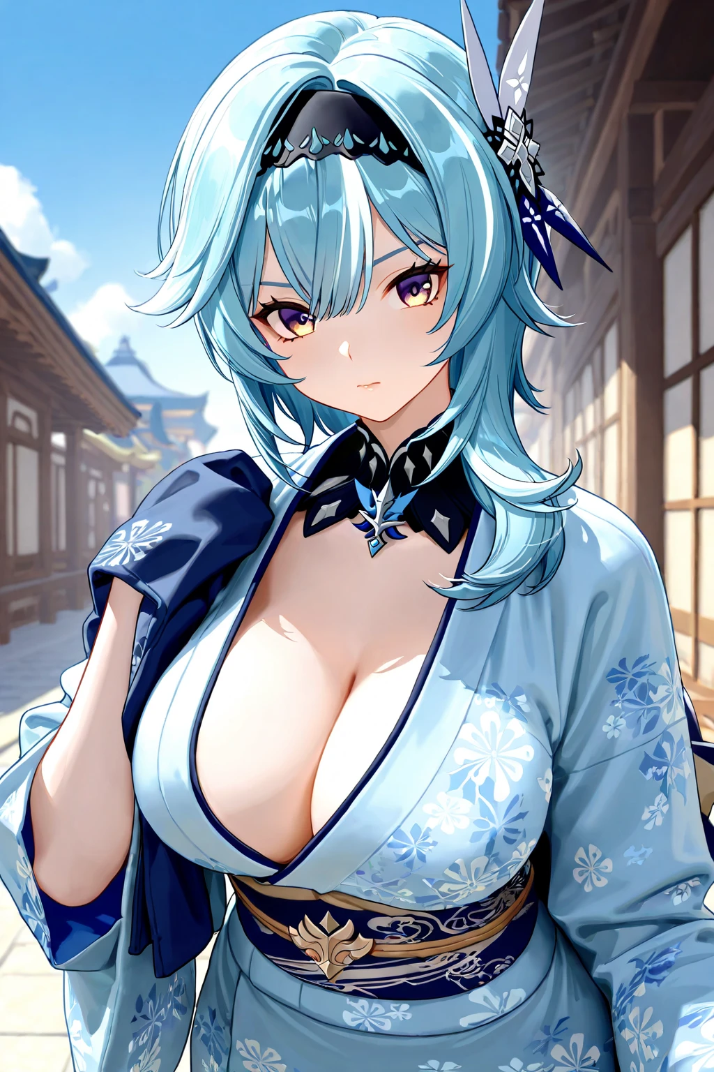 masterpiece, best quality, 1girl,  <lora:doatamaki-nvwls-v1-000009:1> doatamaki, streaked hair, blue kimono, sash, off-shoulder, hakama skirt, japanese clothes, , looking at viewer, smile, furrowed brow, blue sky, cleavage, upper body