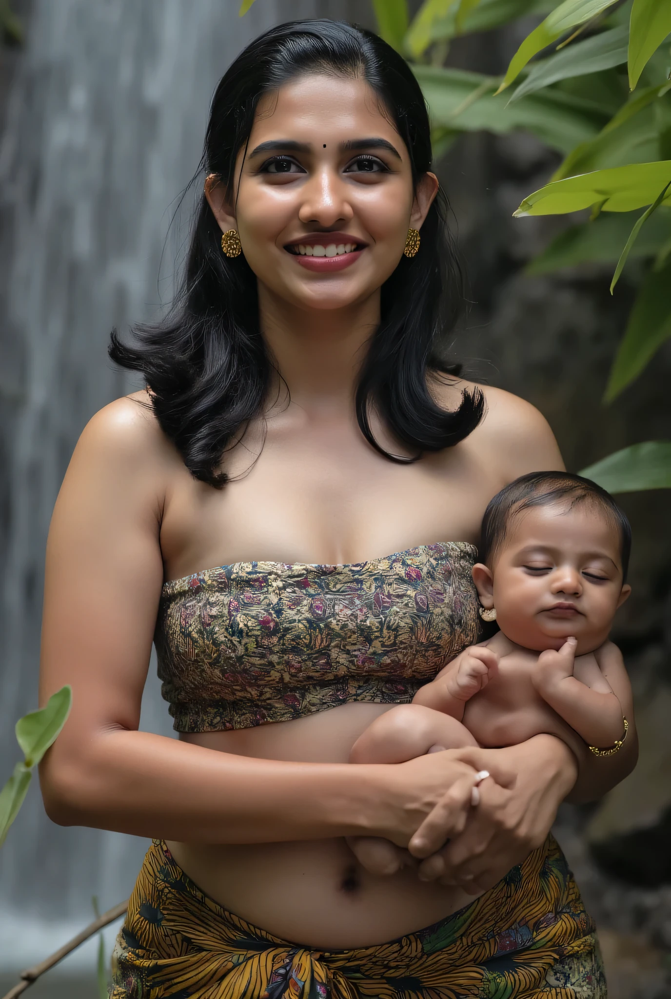 Indian fashion model Kajal Agarwal posed erotic in a lush with his cute little new born baby with waterfall setting, her sexy plus size, voluptuous figure accentuated in a delicate, wearing a sexy revealing strapless tube blouse and bottom dhoti exposing her cleavage and curvy navel that highlights her curvy voluptuous silhouette with big . The mist from the cascading water creates an ethereal atmosphere, gently framing her fair skin, glistening with water droplets. Her hair, slick and wet, cascades down her shoulders, while striking red lipstick adds a vibrant contrast to her cute, finely detailed face. The scene embodies a harmonious blend of kamasutra, nature and fashion, capturing the essence of beauty amidst the serene flow of the waterfall, creating a visually captivating