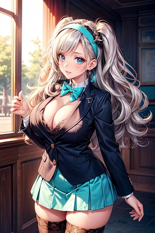 ulzzang -6500-v1.1, (Raw foto:1.2), (Photorealsitic:1.4), a beautiful detailed girl, extremely detailed eye and face, Beautiful detailed eyes, Ridiculous, Unbelievably ridiculous, huge filesize, ultra-detailliert, hight resolution, ighly detailed, top-quality, ​masterpiece,, ((Slender figure with big breasts)),gravure, ighly detailed, nffsw, unification, 8kwall paper, splendid, finely detail, ​masterpiece, top-quality, Highly detailed ticker uniform、8K、wall-paper, Light on the Face、电影灯光、24-year-old girl、((Body type of slender model))、((dynamicposes)))、(A big smile)、(Transcendent Beautiful Girl)、A dark-haired、(Random hairstyle)、((dunhuang_doress))、Whole human body、stick out buttocks、Depicted mainly on the buttocks、Big  with tension、I can see the cleavage、schools、‎Classroom、Dark blue suit、White tight skirt、White shirt、Black 、