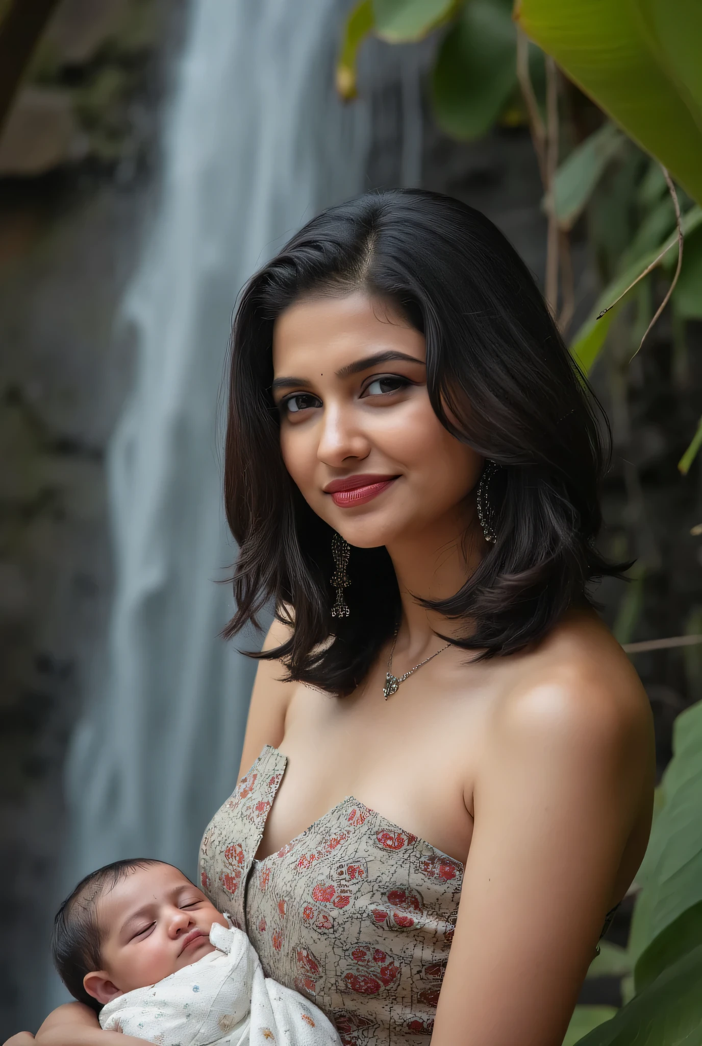 18 years old cute Indian fashion model Kajal Agarwal posed erotic in a lush with his cute little new born baby with waterfall setting, her sexy plus size, voluptuous figure accentuated in a delicate, wearing a sexy revealing strapless tube blouse and bottom dhoti exposing her cleavage and curvy navel that highlights her curvy voluptuous silhouette with big . The mist from the cascading water creates an ethereal atmosphere, gently framing her fair skin, glistening with water droplets. Her hair, slick and wet, cascades down her shoulders, while striking red lipstick adds a vibrant contrast to her cute, finely detailed face. The scene embodies a harmonious blend of kamasutra, nature and fashion, capturing the essence of beauty amidst the serene flow of the waterfall, creating a visually captivating