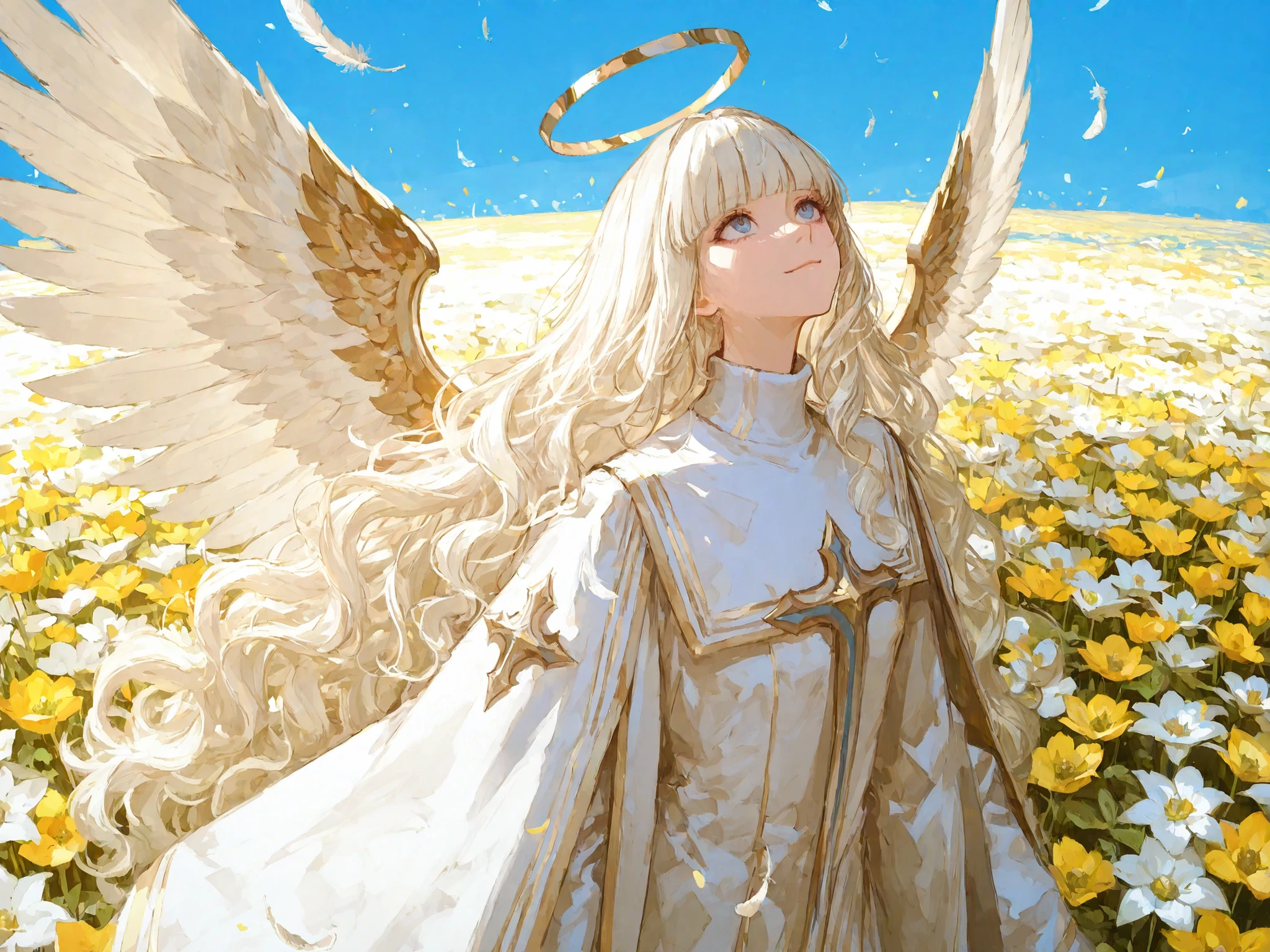upper shot, dutch angle, looking up, makes an aesthetic, Master piece, Best Quality, ultra detailed, a beautiful girl, solo, very long platinum blond hair, beautiful wavy hair, beautiful blue eyes, blunt bangs, white turtleneck inner shirts, gold and white angelic dress, a simple pierce, light smile, white wings, Spreading angelic wings, Basking in a divine light morning, blue sky, feathers, celestial palace in background, beautiful flower field, many kind of flowers blooming sparsely, colorful fields, bright