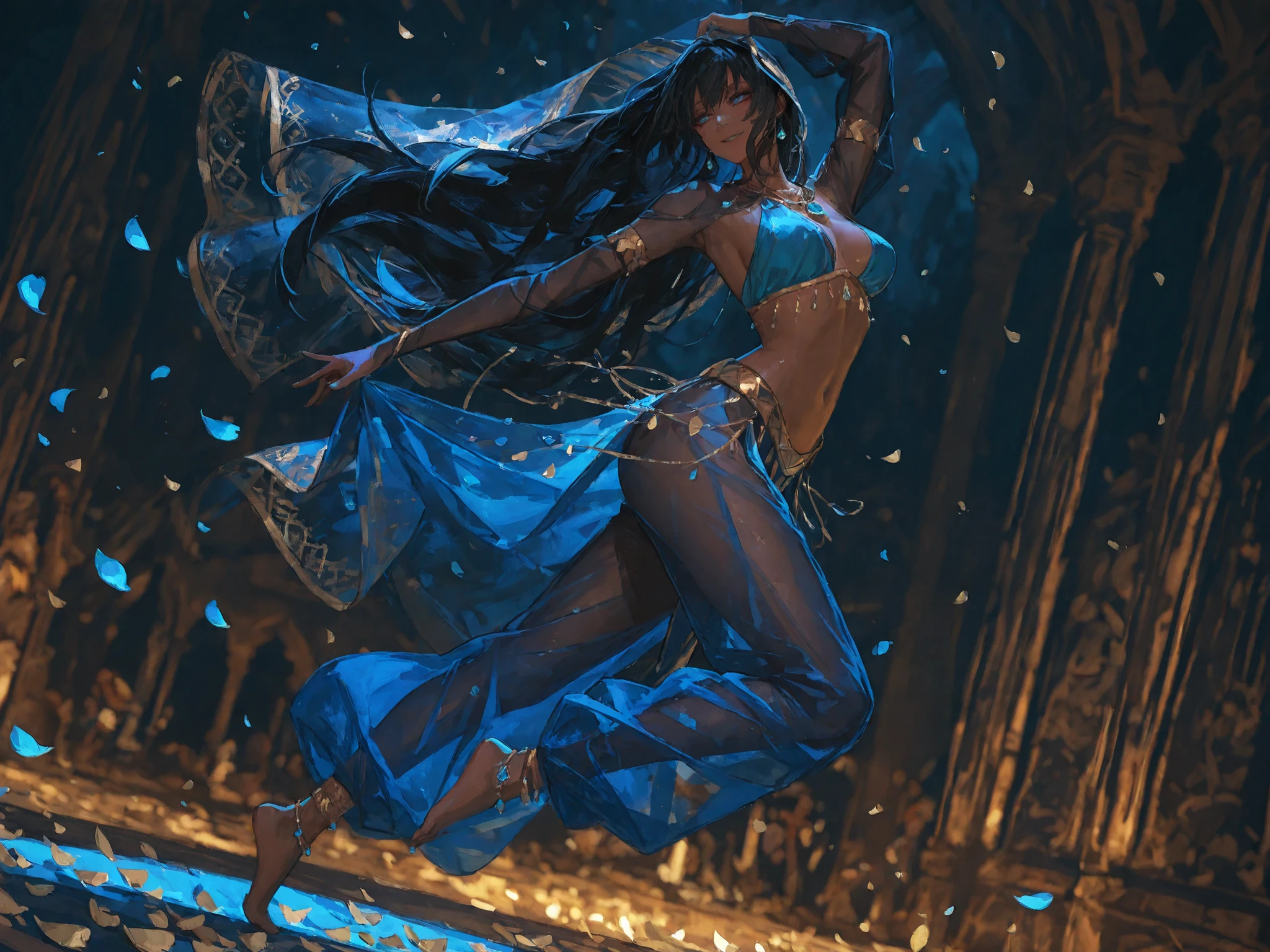 medium shot, dutch angle, looking away, makes an aesthetic, Master piece, Best Quality, ultra detailed, a beautiful girl, solo, very long hair, silky straight black hair, dark skinned, midnight-blue and gold belly-dancer costume, seductive smile, long see-through gold veil, blue gem-stone earrings, blue gem-stone necklace, blue gem-stone anklet, dancing, leg up, graceful, wind, (petal:1.3) , night town of Arab, night, Arabic style lighting