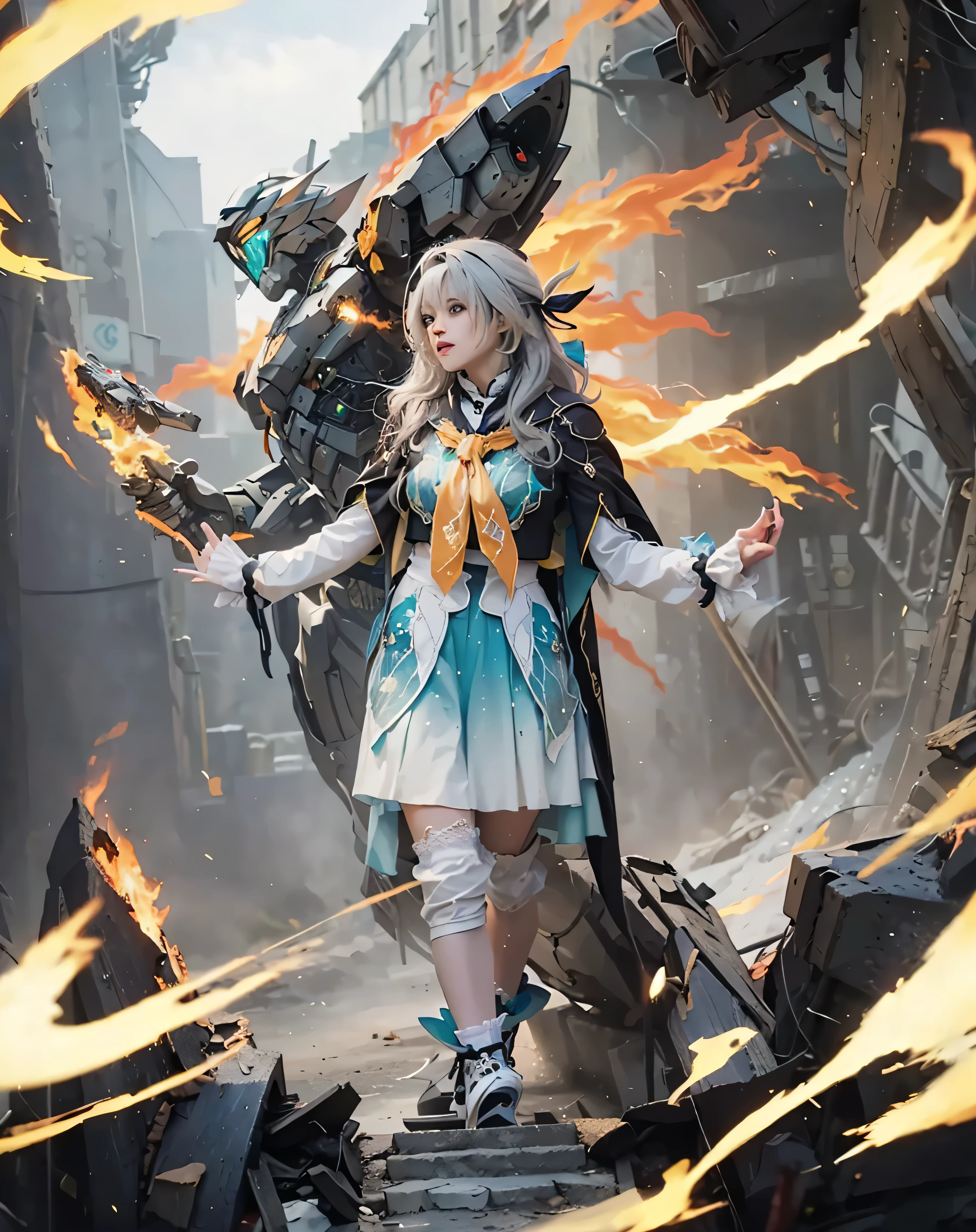 ((FIREFLY & SAM_HONKAI STAR RAIL)),((realistic, photorealistic)),(highlight hair)), Light reflection, (( HD )),((upper body)), (((best quality, masterpiece))), (masterpiece) (best quality) (detail) (8k) (HDR) (wallpaper) (cinematic lighting) (sharp focuasterpiece, best quality: 1.1), Real life adaption of this character, beautiful girl, Shining green eyes, realistic outfit, realistic shadow, realistic light, realism, hyper realistic, realistic background,Realistic hair, realistic hair at the back,(photorealistic:1.2), 1girl,Background of space train, space station, loose hair, floating,Tokusatsu background,light particles,Asian female anime character, young adult, in a vibrant, detailed cosplay costume.  Light-skinned,  long light-silver hair styled in voluminous waves.  Expression is confident and determined, with a slight upward tilt to the lips.  Costume is a layered outfit: a white, light-blue gradient, short-a-line skirt with embroidered butterfly motifs, and a matching  light-blue and white, long-sleeved, cape-style top.  Purple, gradient, patterned tights.  Elegant purple shoes.  The pose is dynamic, one leg slightly forward, arms outstretched, suggesting action or movement.  Background includes a large, dark gray-black mecha-style robot in the process of destruction, with burning, orange flames.  The background is a mix of grey-black rubble and crumbling structures.  Dramatic lighting, highlighting the character and exaggerating shadows.  Colorful lighting effects, with a mixture of light and dark tones.  The environment is a post-apocalyptic battlefield, suggesting a dramatic and action-oriented atmosphere, detailed, photorealistic, vibrant colors, dynamic pose, dramatic lighting, 8k. --ar 16:9 --q 2 --s 750