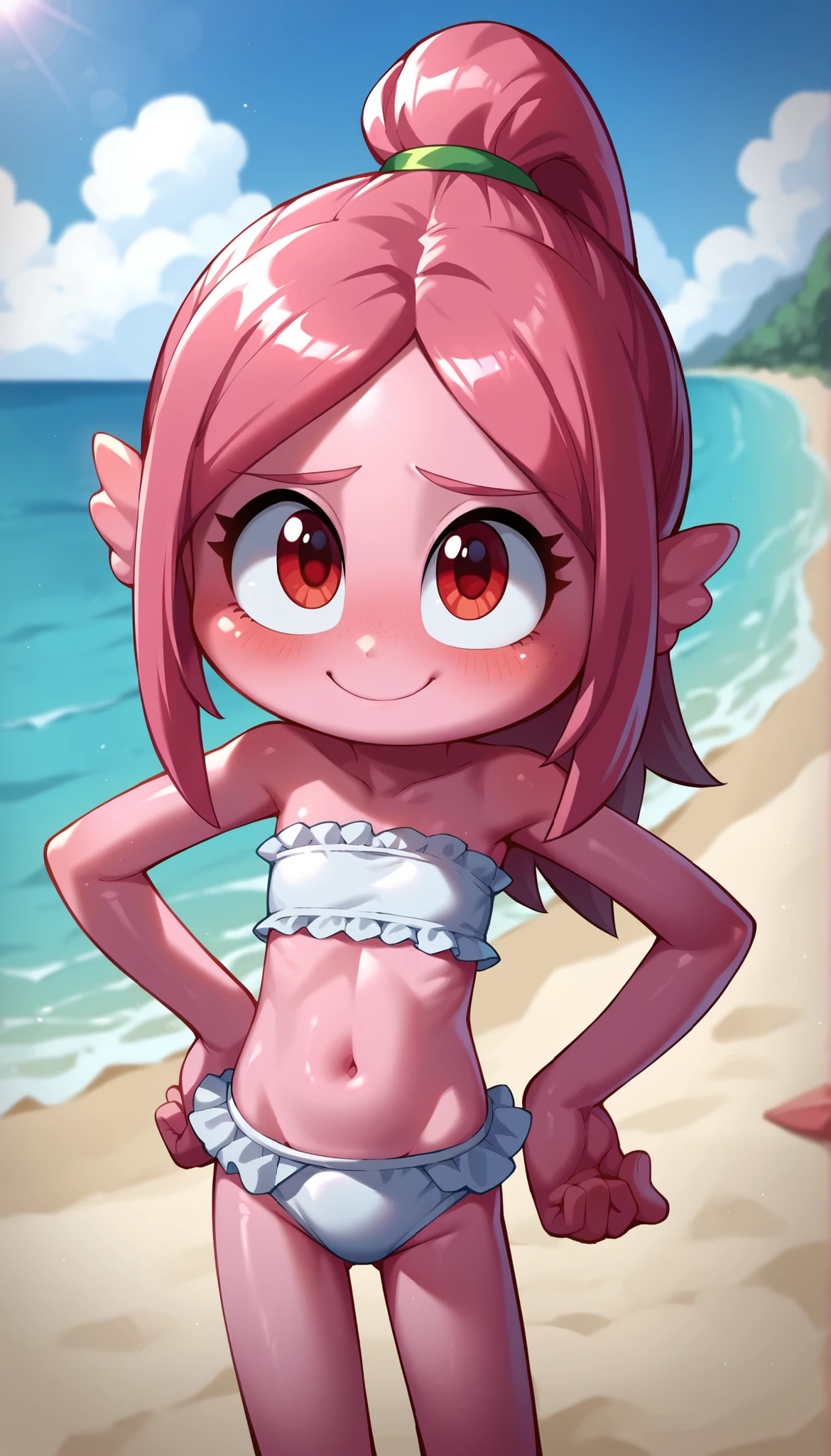score_9, score_8_up, score_7_up, source_anime, 1girl, solo, monster girl, deep pink hair, straight bangs, pointed spiky topknot ponytail, red eyes, half close eyes, pink skin, four fingers, ((white bundeau strapless frilly bikini)), naughty expression, shiny skin, uperbody, cute, oily skin, smile, shy, standing, cute pose, sexy, anime style, thick outline, countershading, anime style, slender body, short body, 2D animation, noseless, looking at you, one hand on own hip, beach on background,