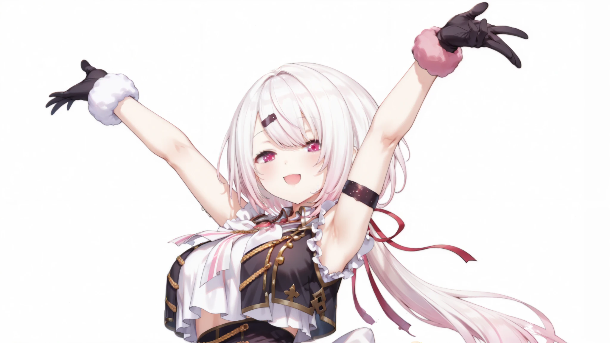 Shiina Yuika (/Nijisanji/),nijiyuika,large breasts,pink eyes,gradient hair,light pink hair,white hair,round face,long hair,low ponytail,((red ribbon)),((long red color ribbon)),hairclip,nijiyuikacos,white shirt,frilled shirt,shirt overhang,sleeveless,((white over shirt)),black vest,crop top vest,open vest,aiguillette,gold trim,((super large white ribbon tie)),((super long white ribbon tie)),pink brooch,single armband,one black armband,((Pink large faux fur-trimmed wristband)),(black glove), 1girl,sexy girl, happy,masterpiece, best quality, highres, anatomically correct, ((white background)) ,armpits, hip line, left facing