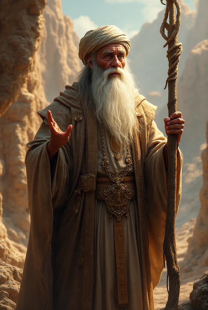 An old man who looks like the prophets wears a turban and a white beard ...