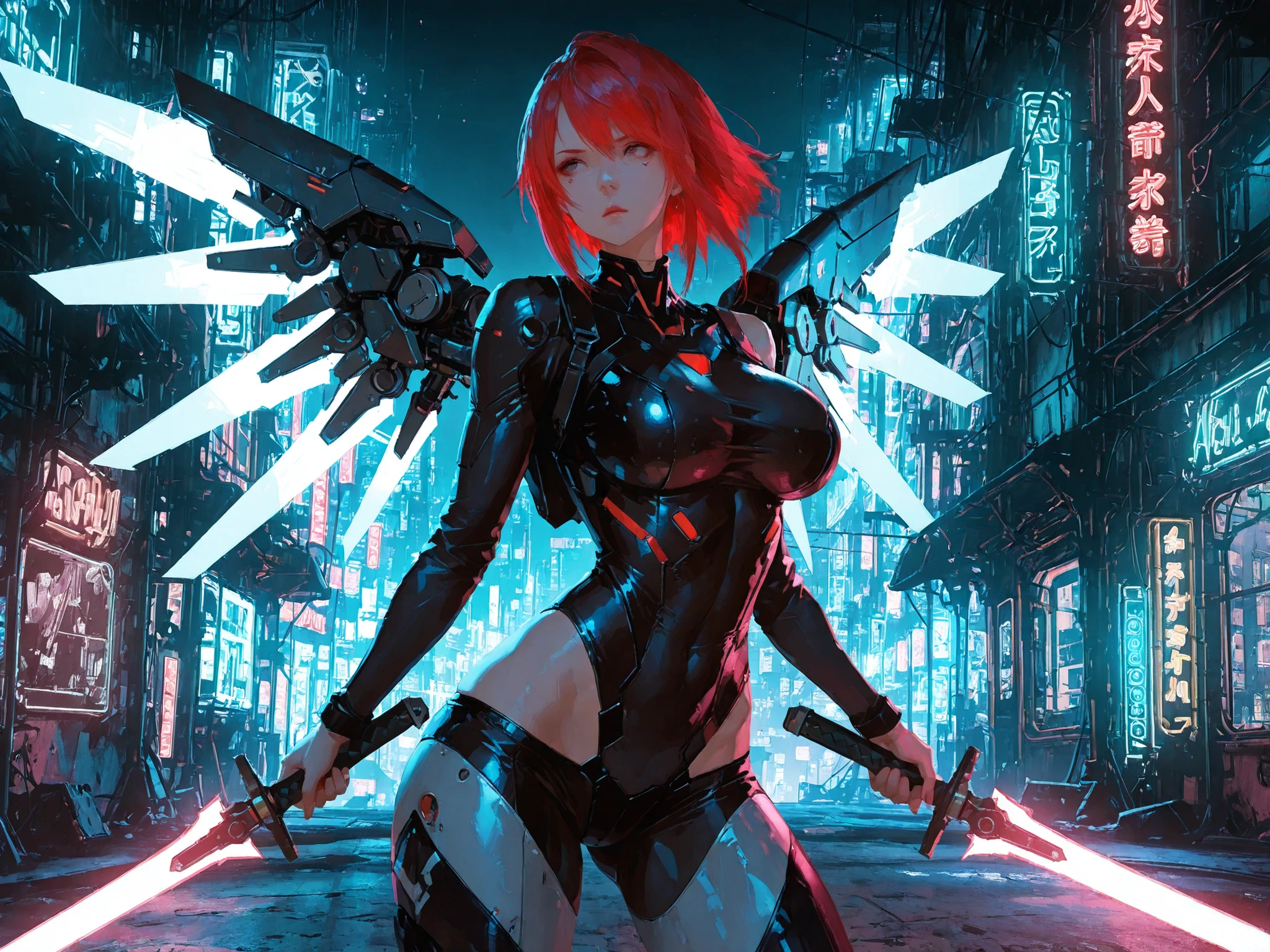 front shot, makes an aesthetic, Master piece, Best Quality, ultra detailed, a Beautiful girl , sexy girl, short red hair, large breast, holding white energy swords, mechanical wings, taut body-suits, futuristic city, dual wielding, fighting pose, cyberpunk-world, neon lights, night,